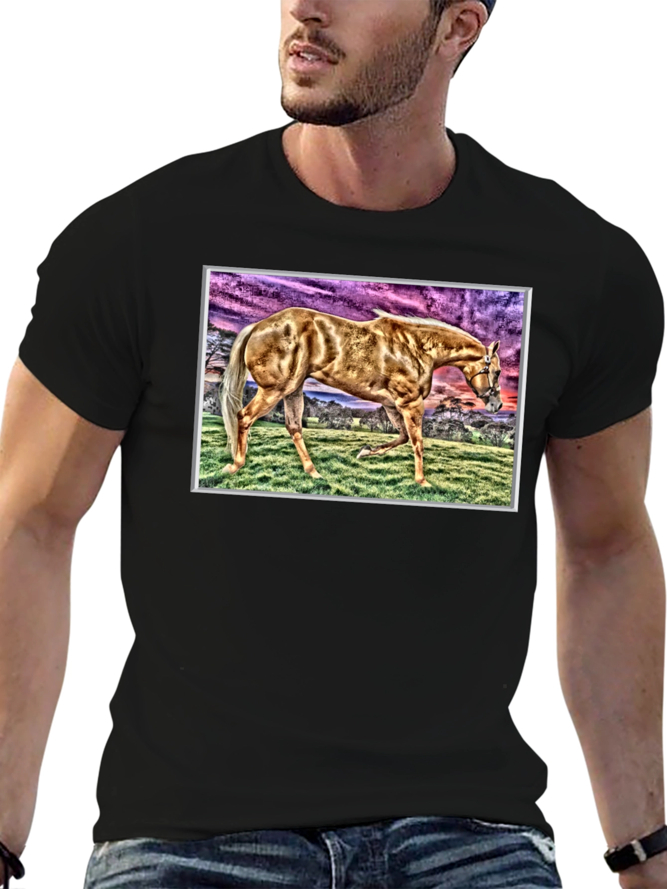 Horse Graphic Tee - Black Cotton Casual Shirt