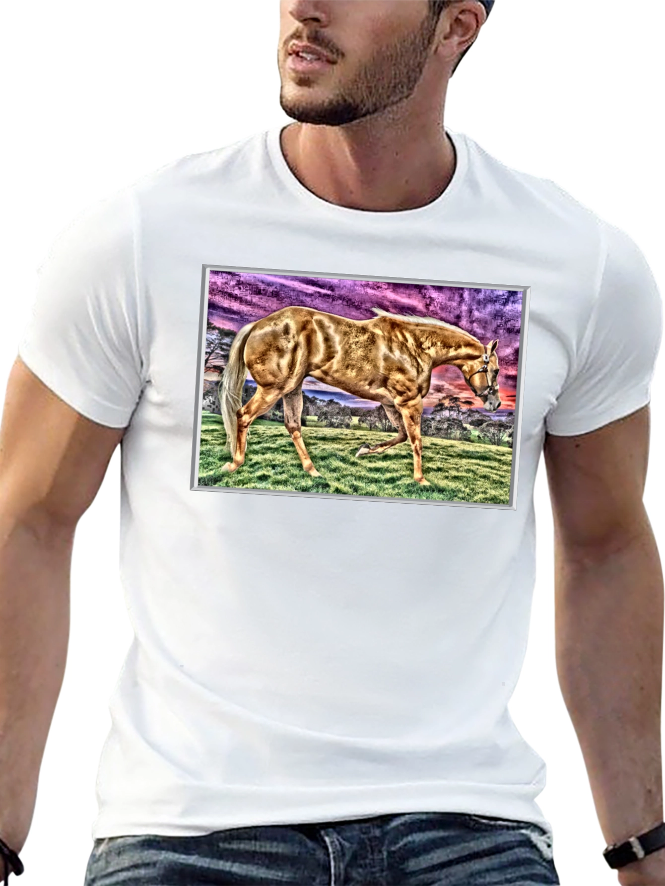 Horse Graphic Tee - Black Cotton Casual Shirt