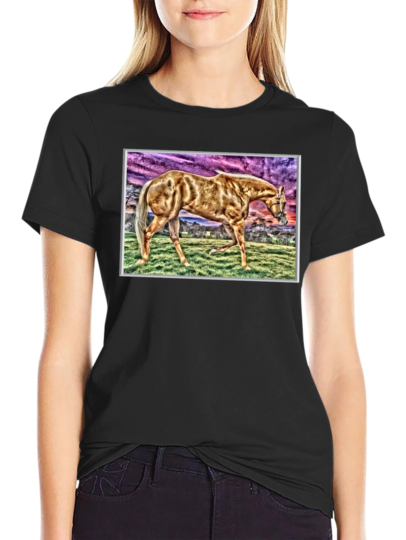 Horse Graphic Tee - Black Cotton Casual Shirt