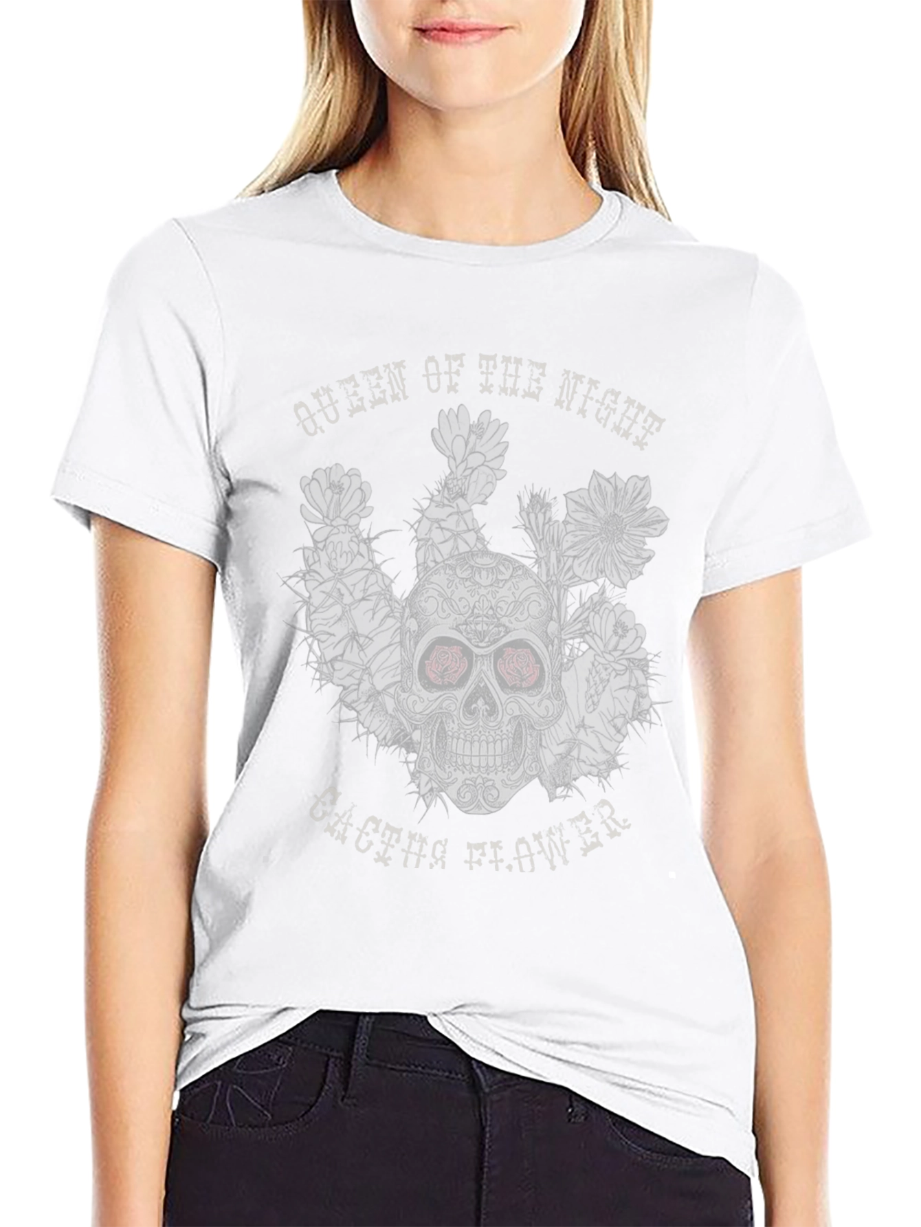 Queen of the Night Skull Cactus Flower Black T-Shirt