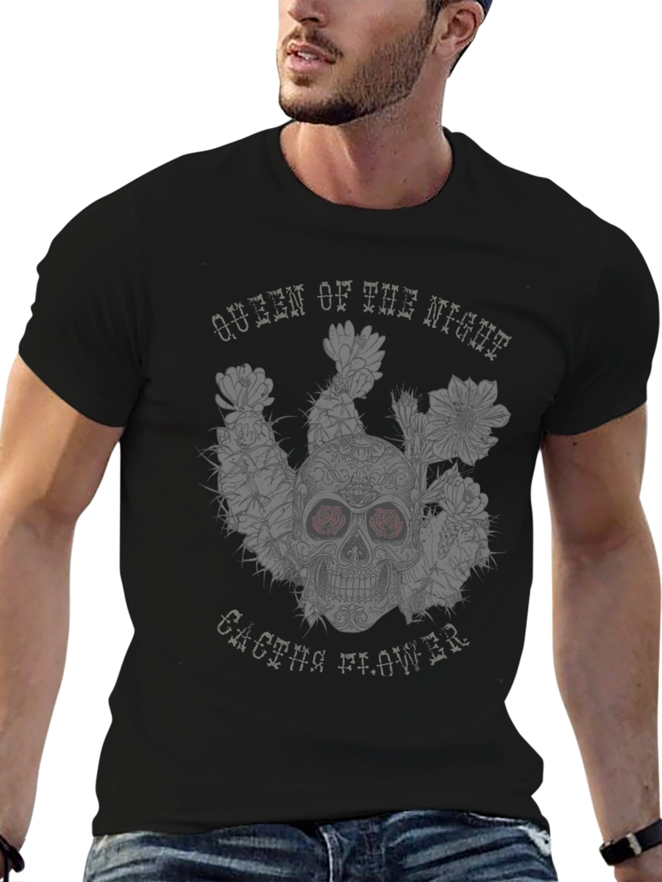 Queen of the Night Skull Cactus Flower Black T-Shirt
