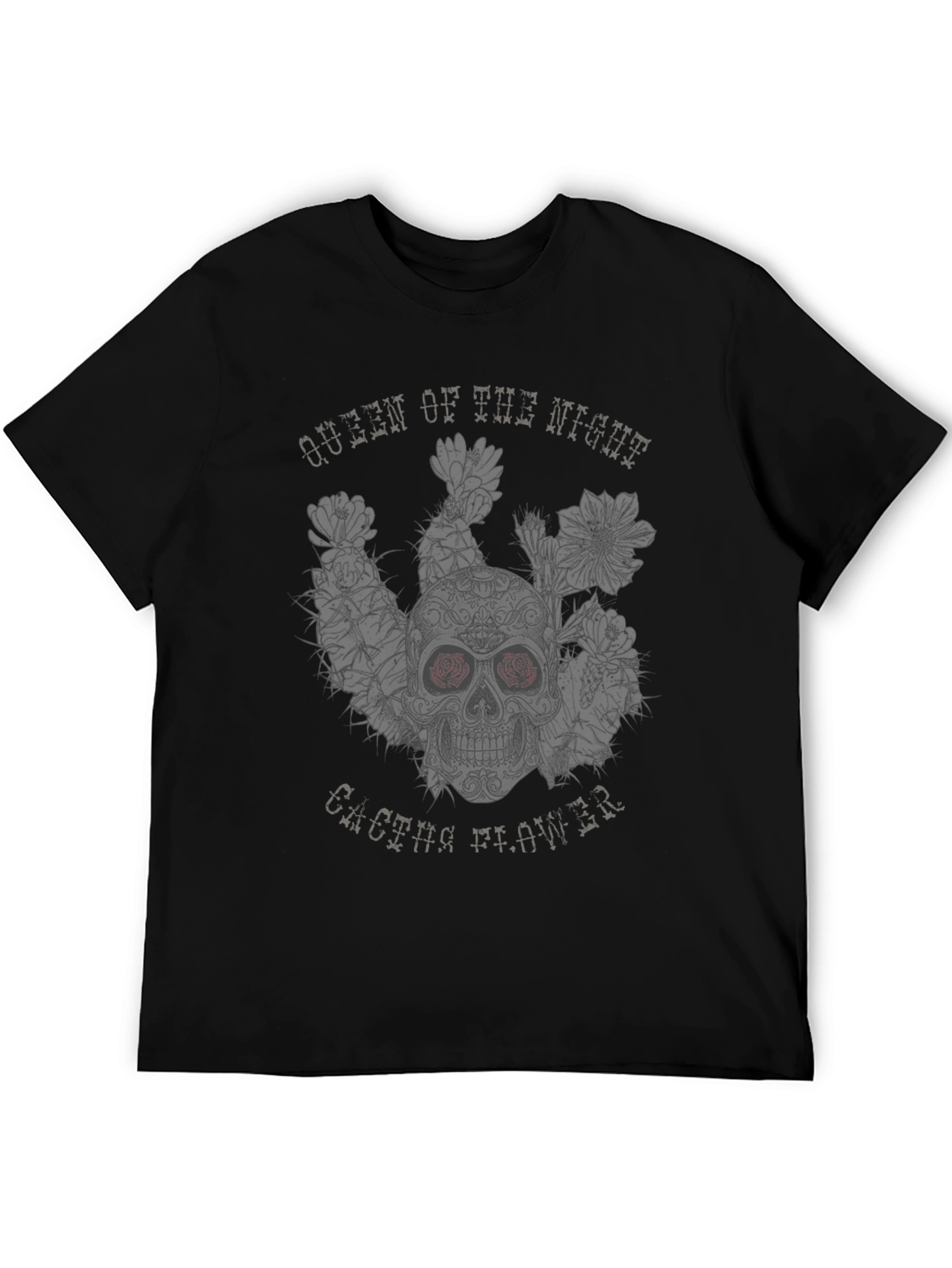 Queen of the Night Skull Cactus Flower Black T-Shirt