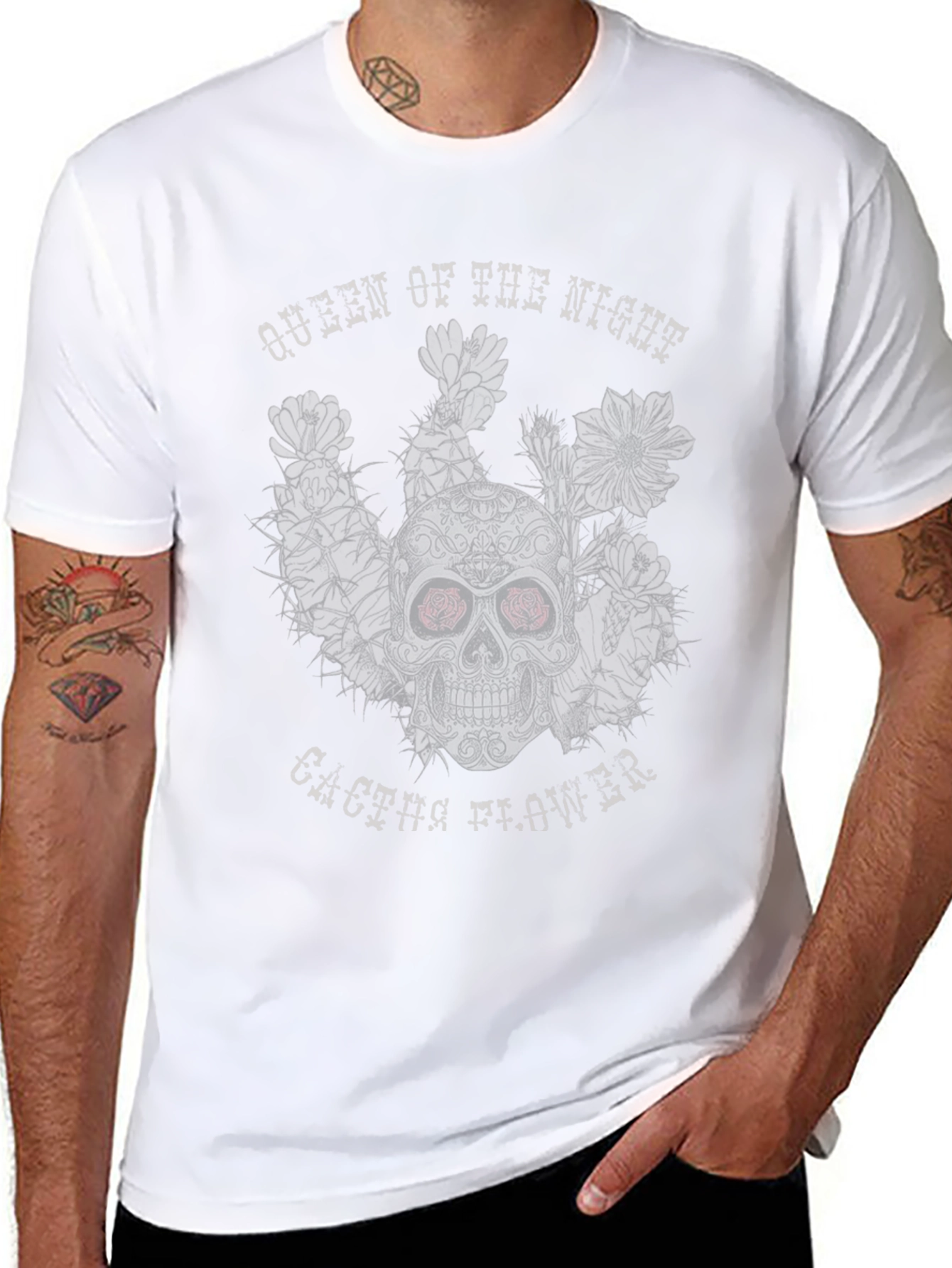 Queen of the Night Skull Cactus Flower Black T-Shirt