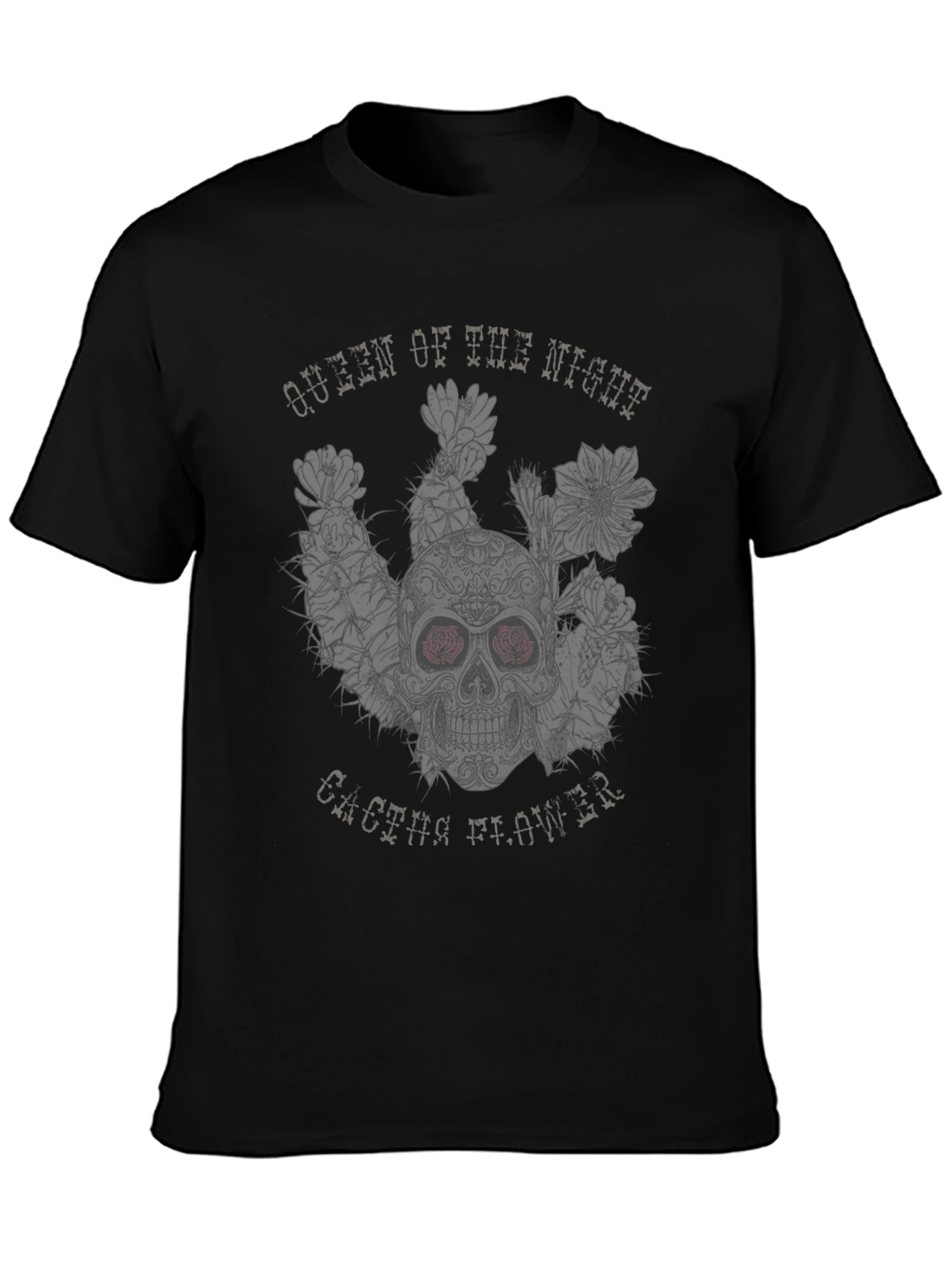 Queen of the Night Skull Cactus Flower Black T-Shirt