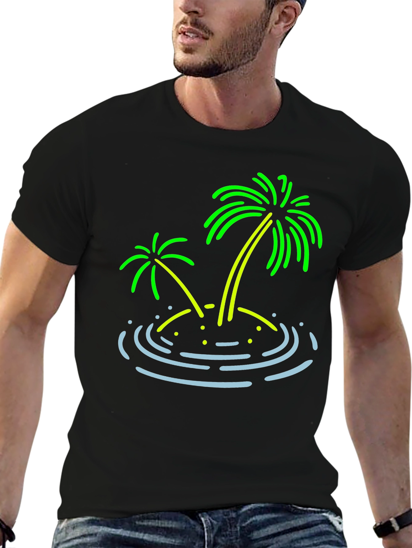 Island Palm Tree Graphic Tee - Black Cotton T-Shirt