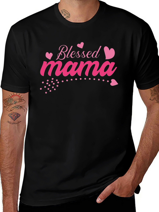 Blessed Mama Pink Heart Graphic Black T-Shirt