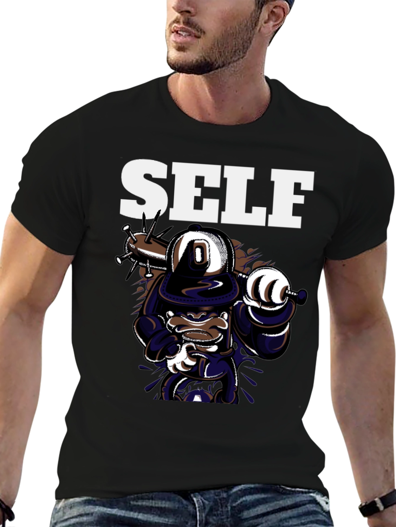 Self Cartoon Graphic Black T-Shirt