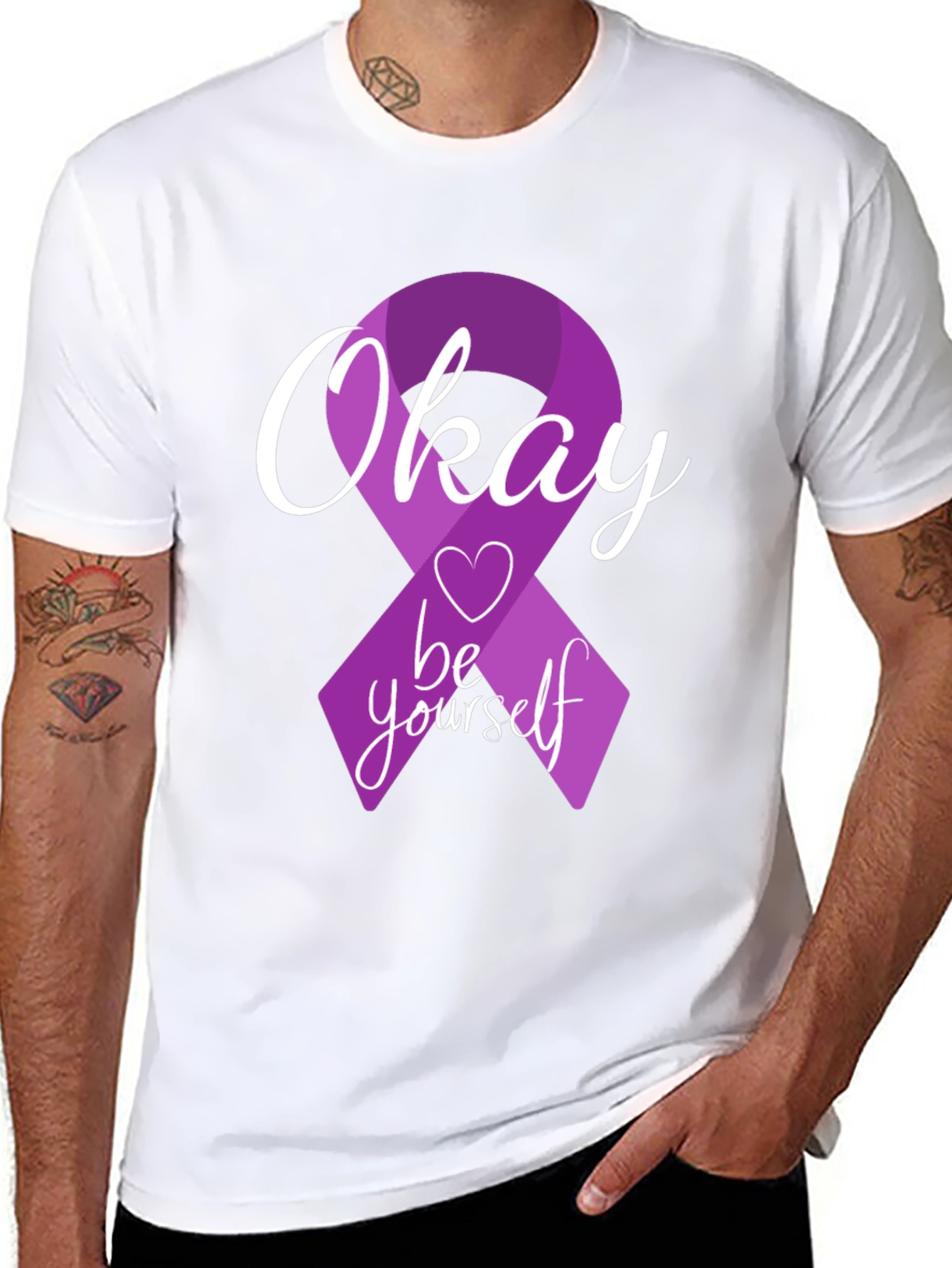 Okay Be Yourself Purple Ribbon Graphic T-Shirt