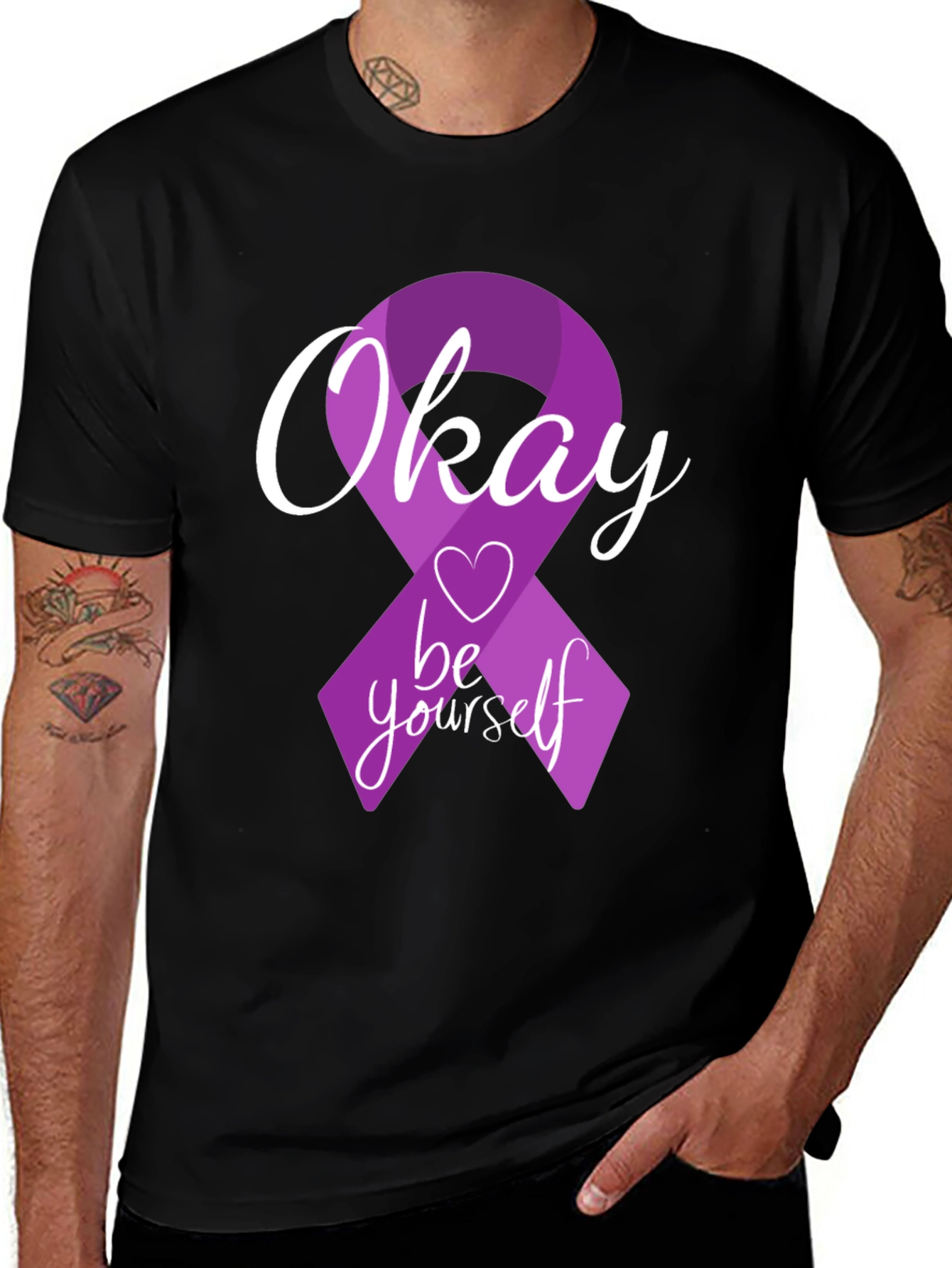 Okay Be Yourself Purple Ribbon Graphic T-Shirt