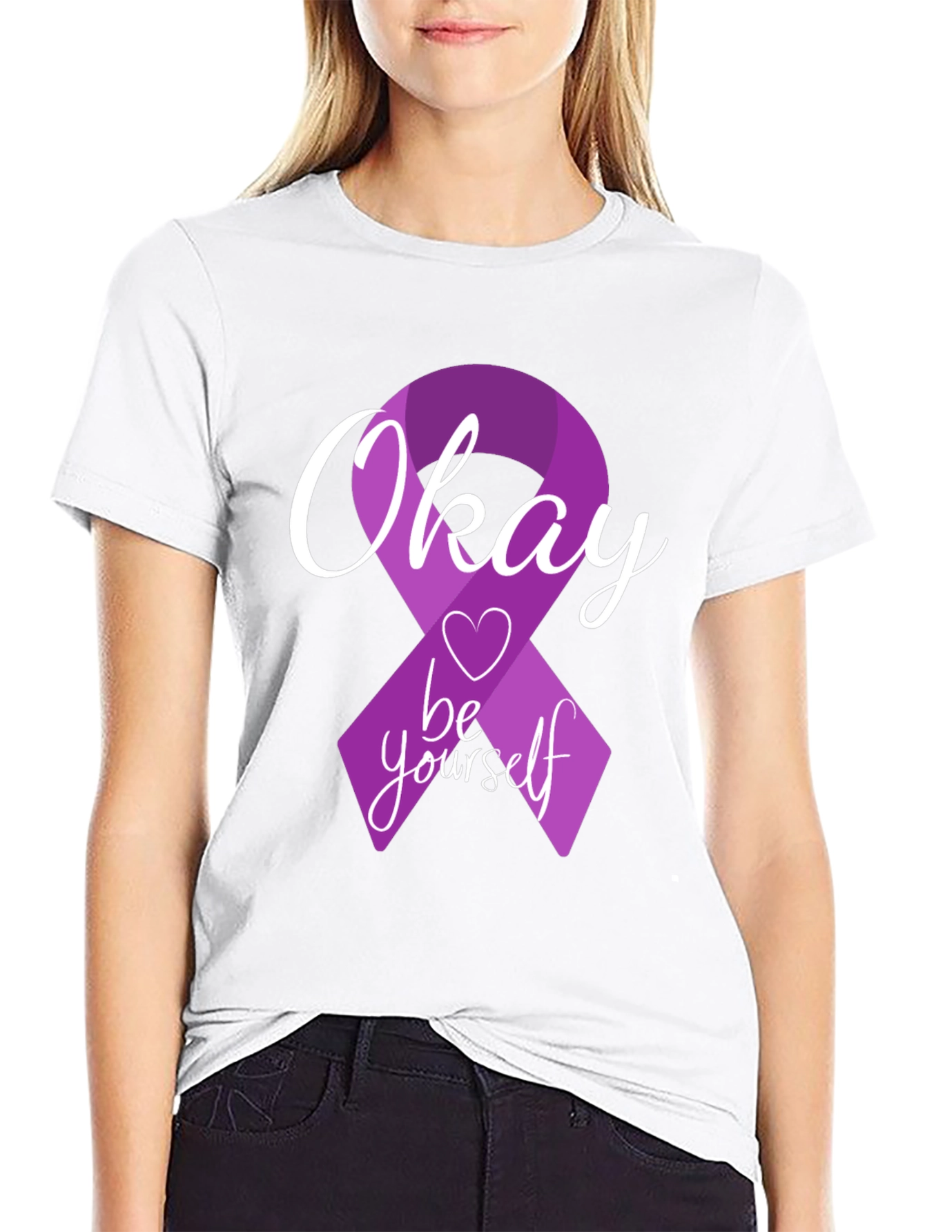 Okay Be Yourself Purple Ribbon Graphic T-Shirt