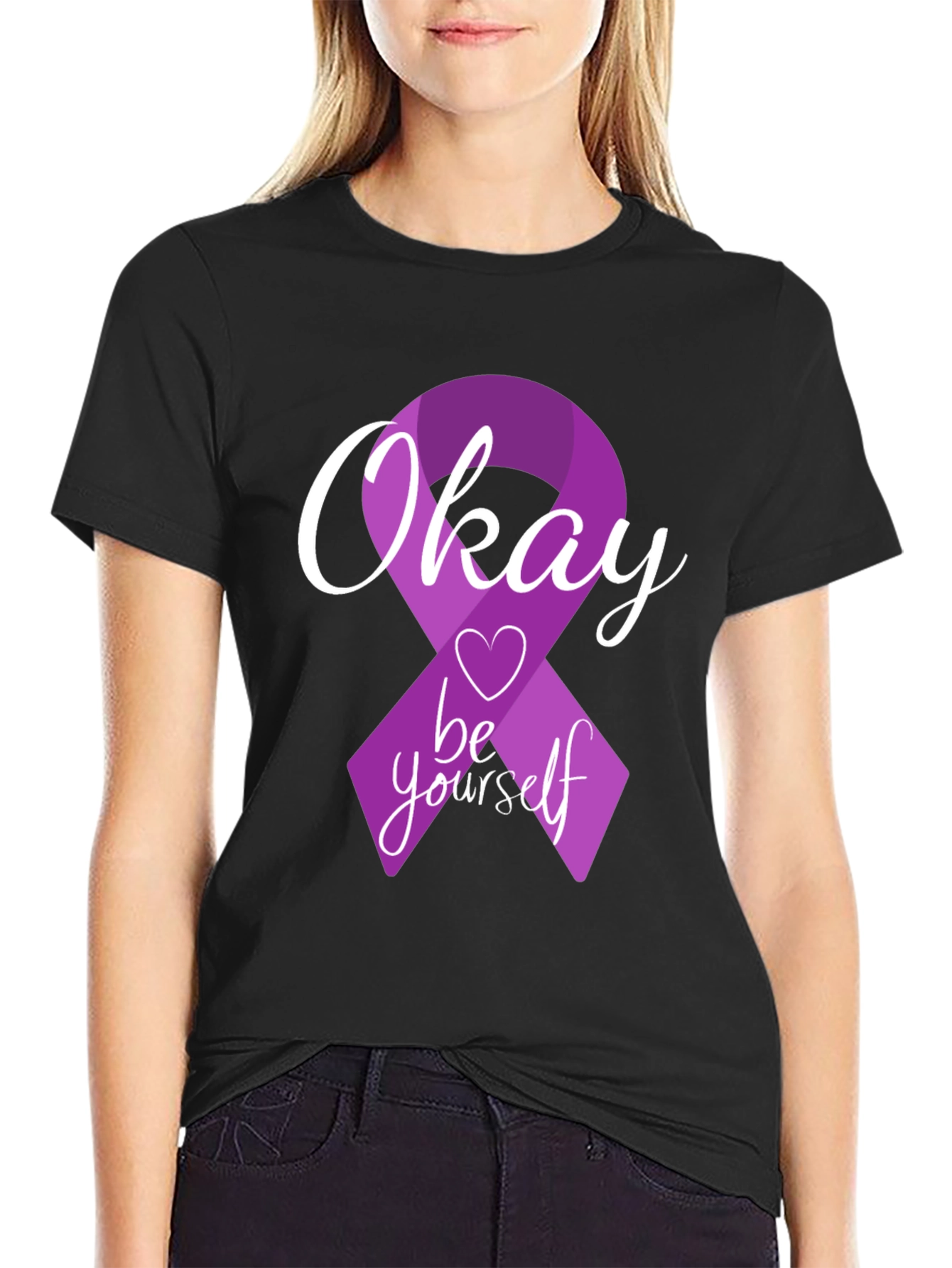 Okay Be Yourself Purple Ribbon Graphic T-Shirt