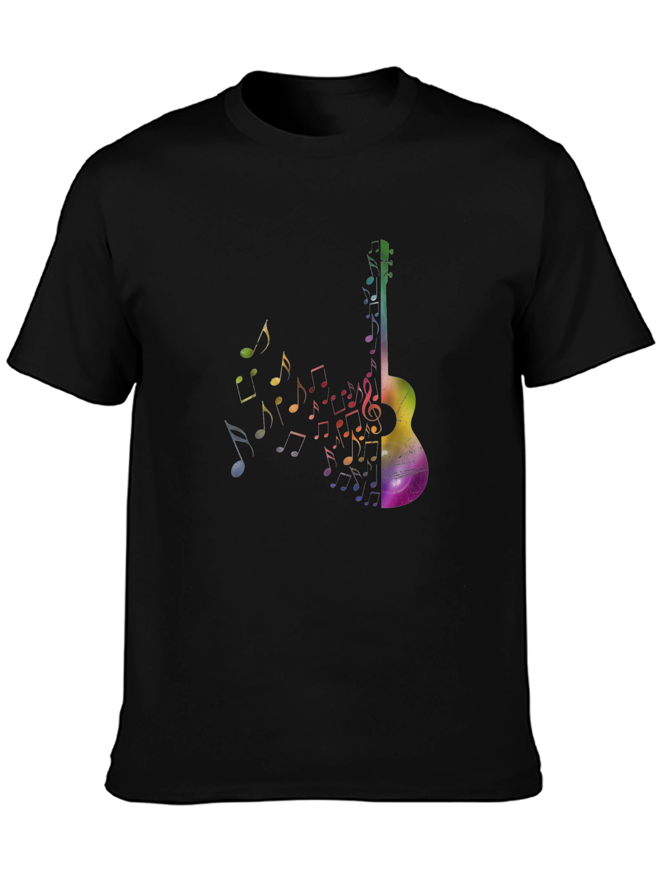 Rainbow Guitar Music Notes Graphic Tee - Black