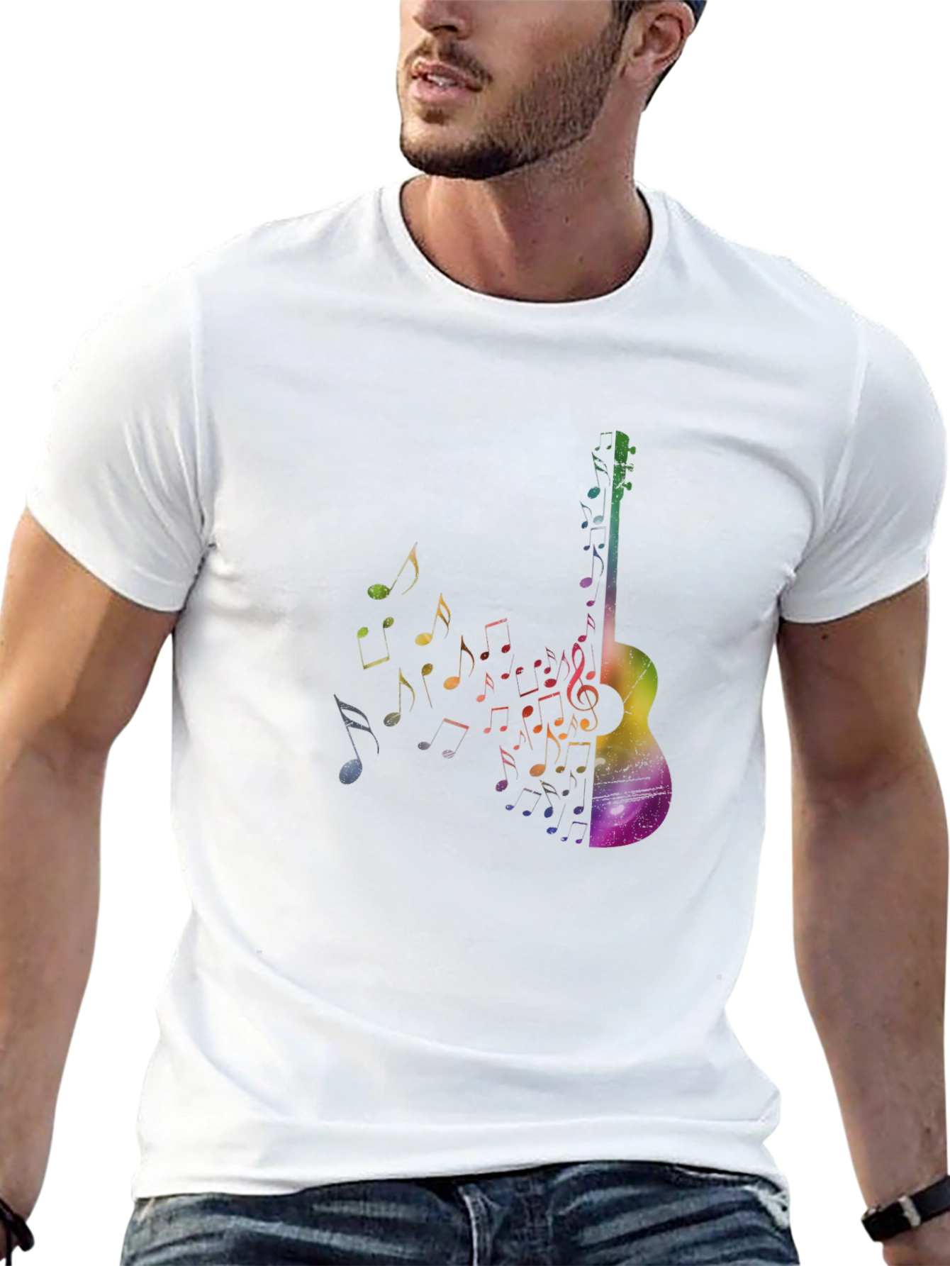 Rainbow Guitar Music Notes Graphic Tee - Black