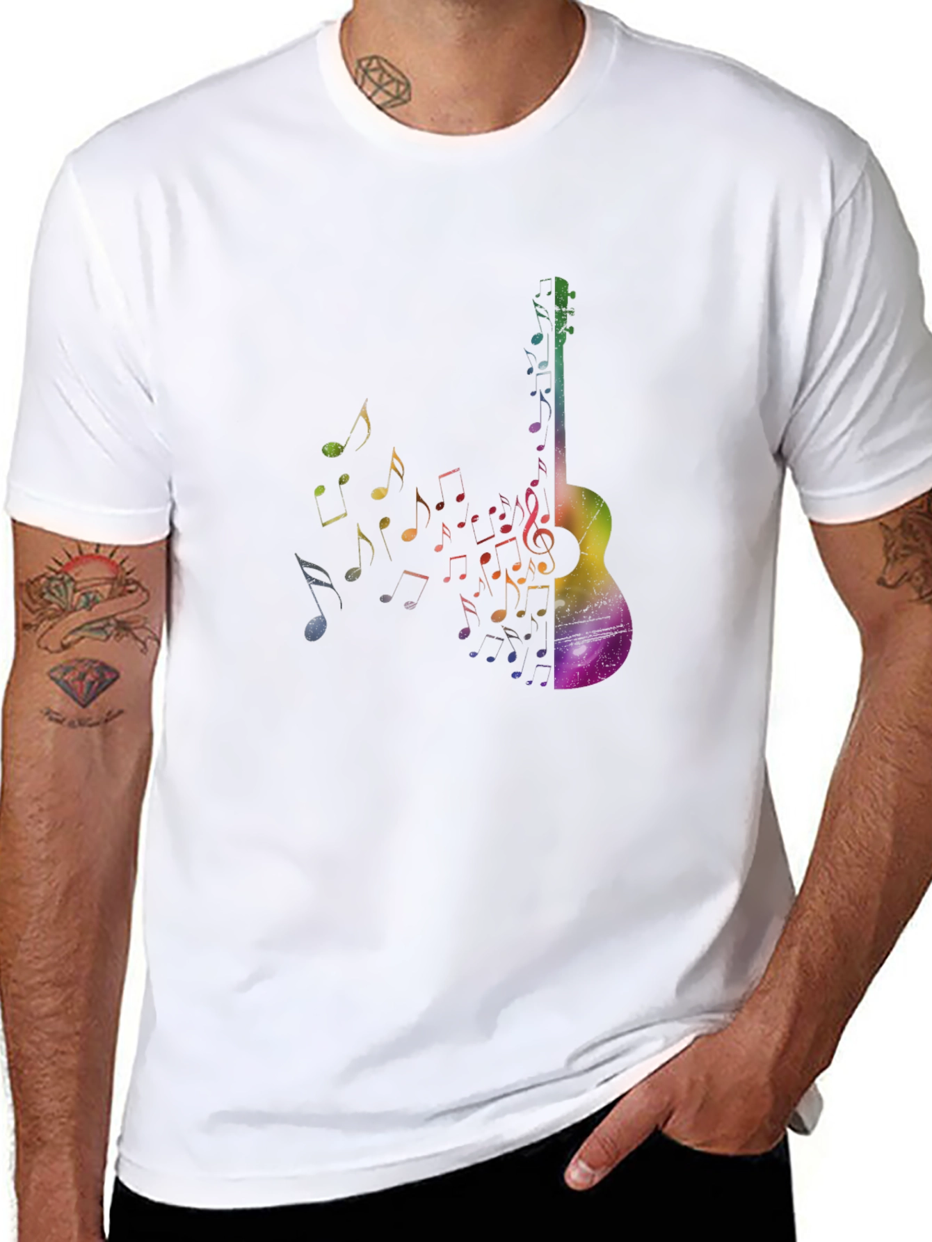 Rainbow Guitar Music Notes Graphic Tee - Black