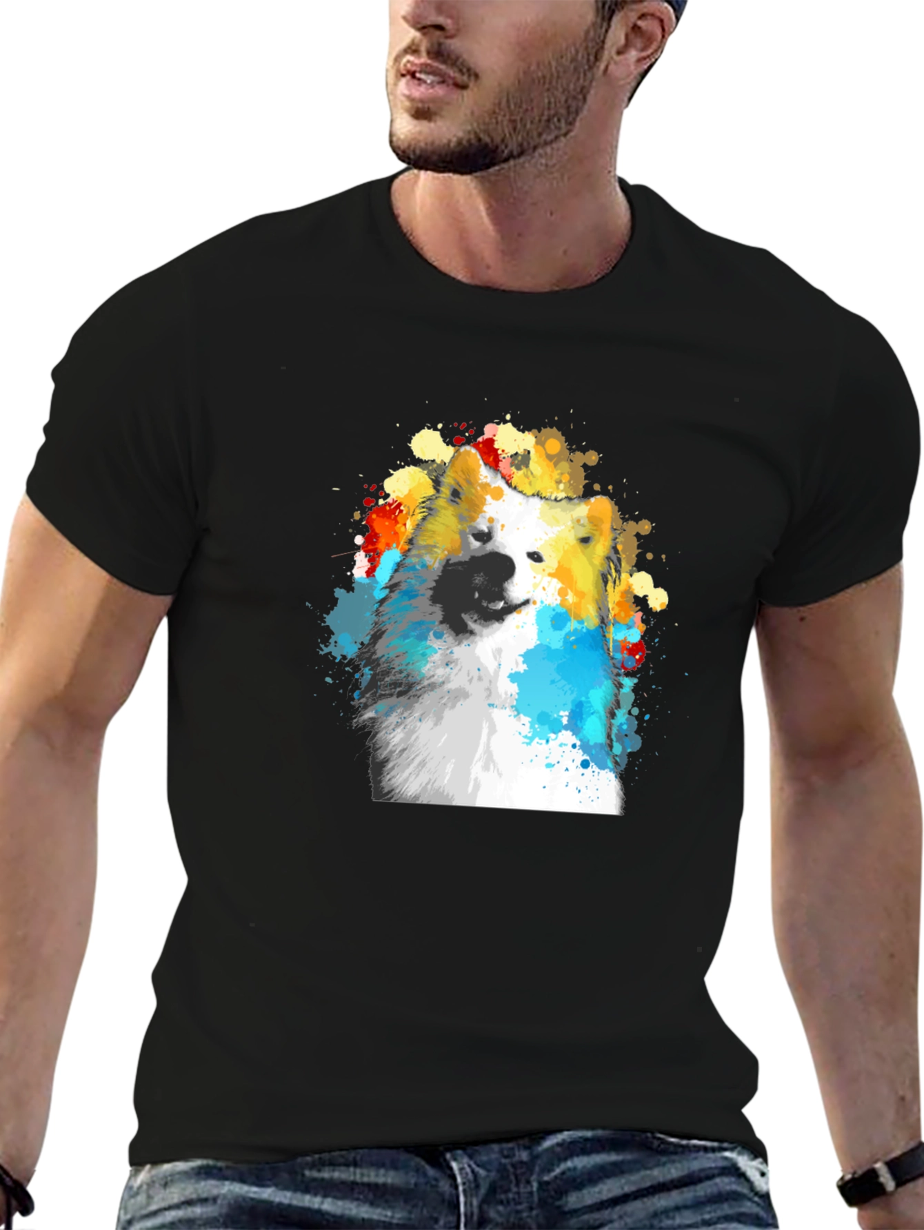 Dog Paint Splatter Graphic Tee - Black Cotton Blend