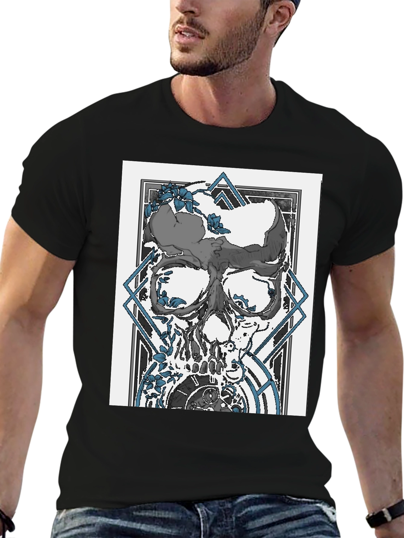 Skull & Clockwork Graphic Print Tee - Black