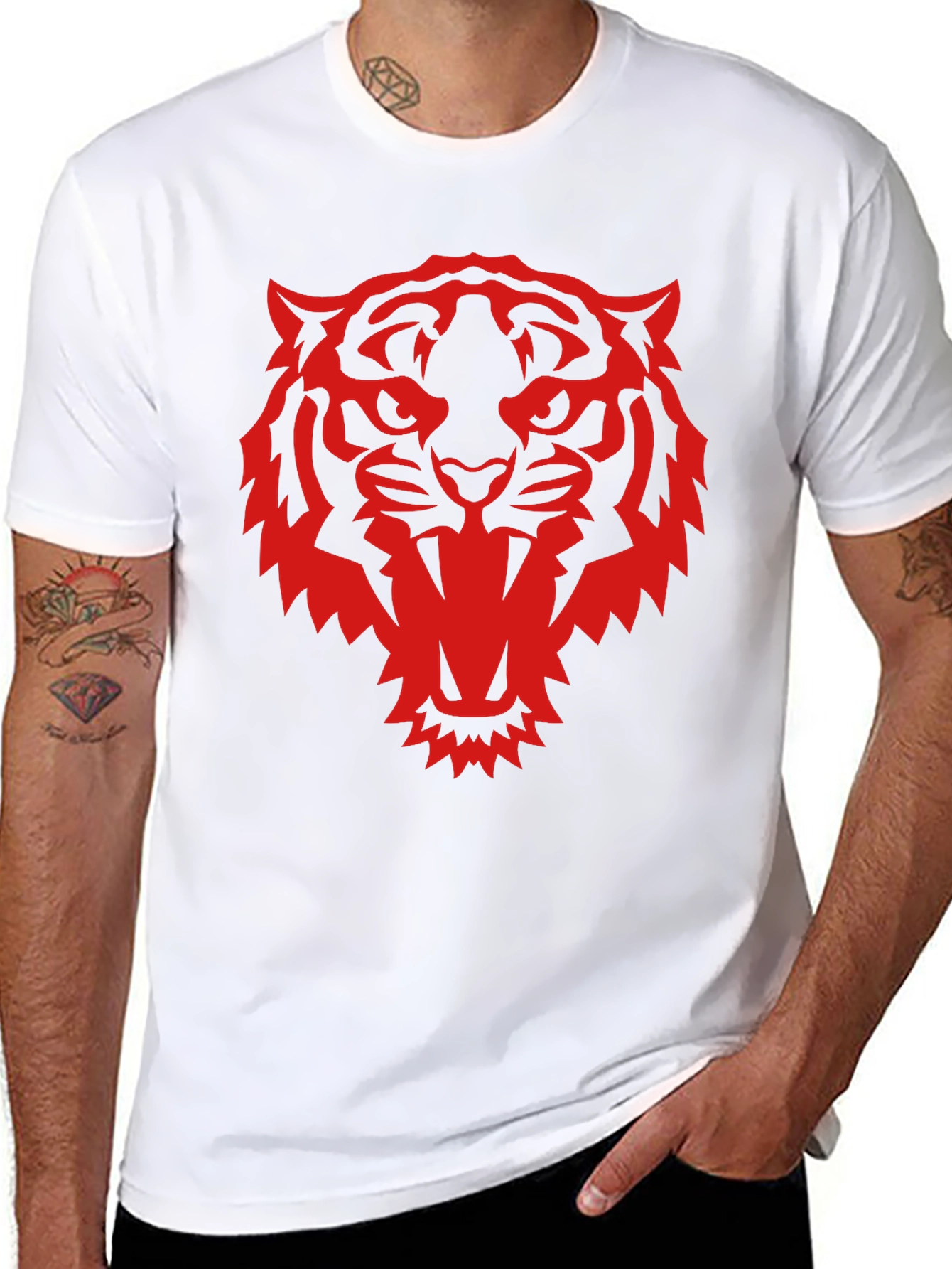 Black T-Shirt with Red Tiger Graphic Print