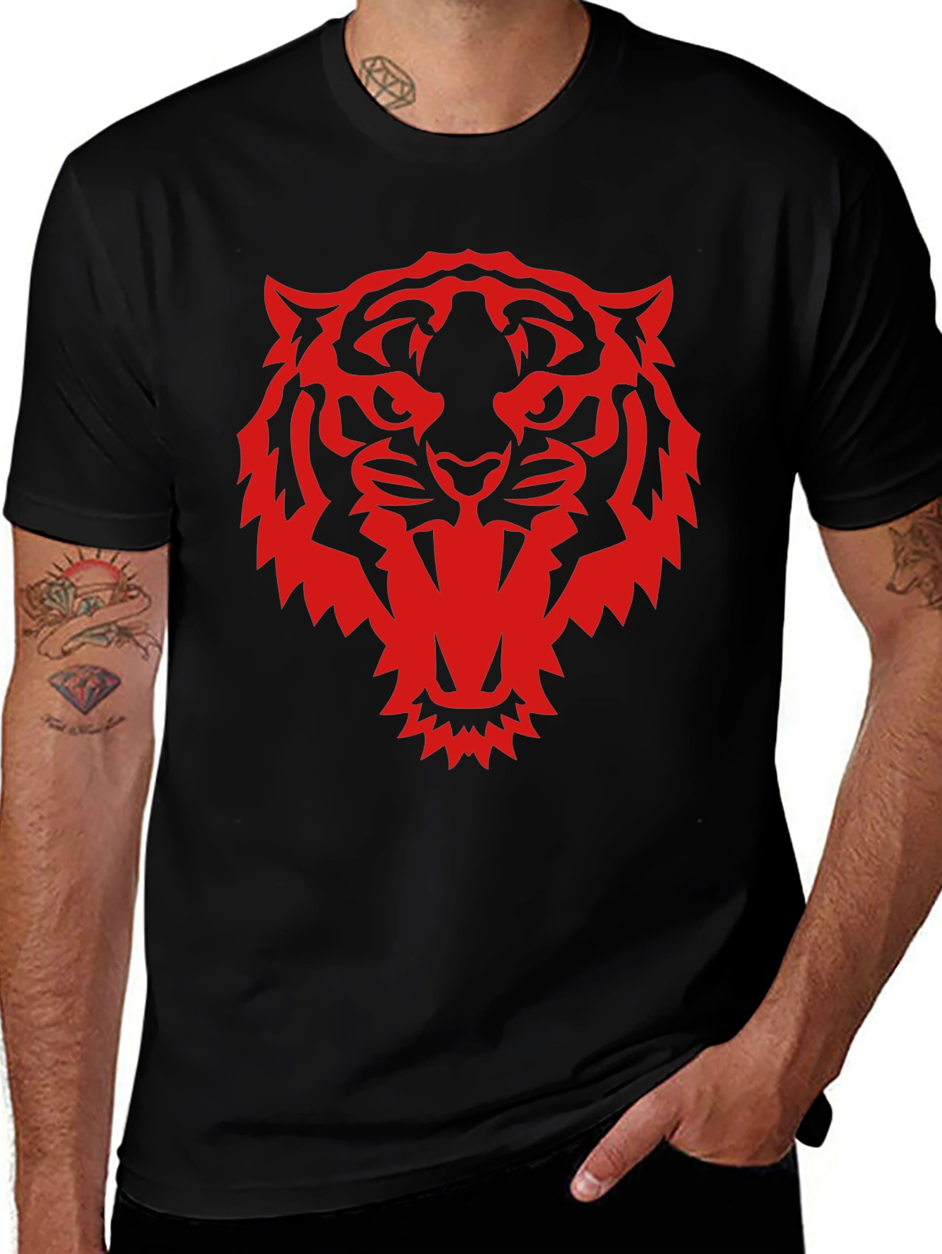 Black T-Shirt with Red Tiger Graphic Print