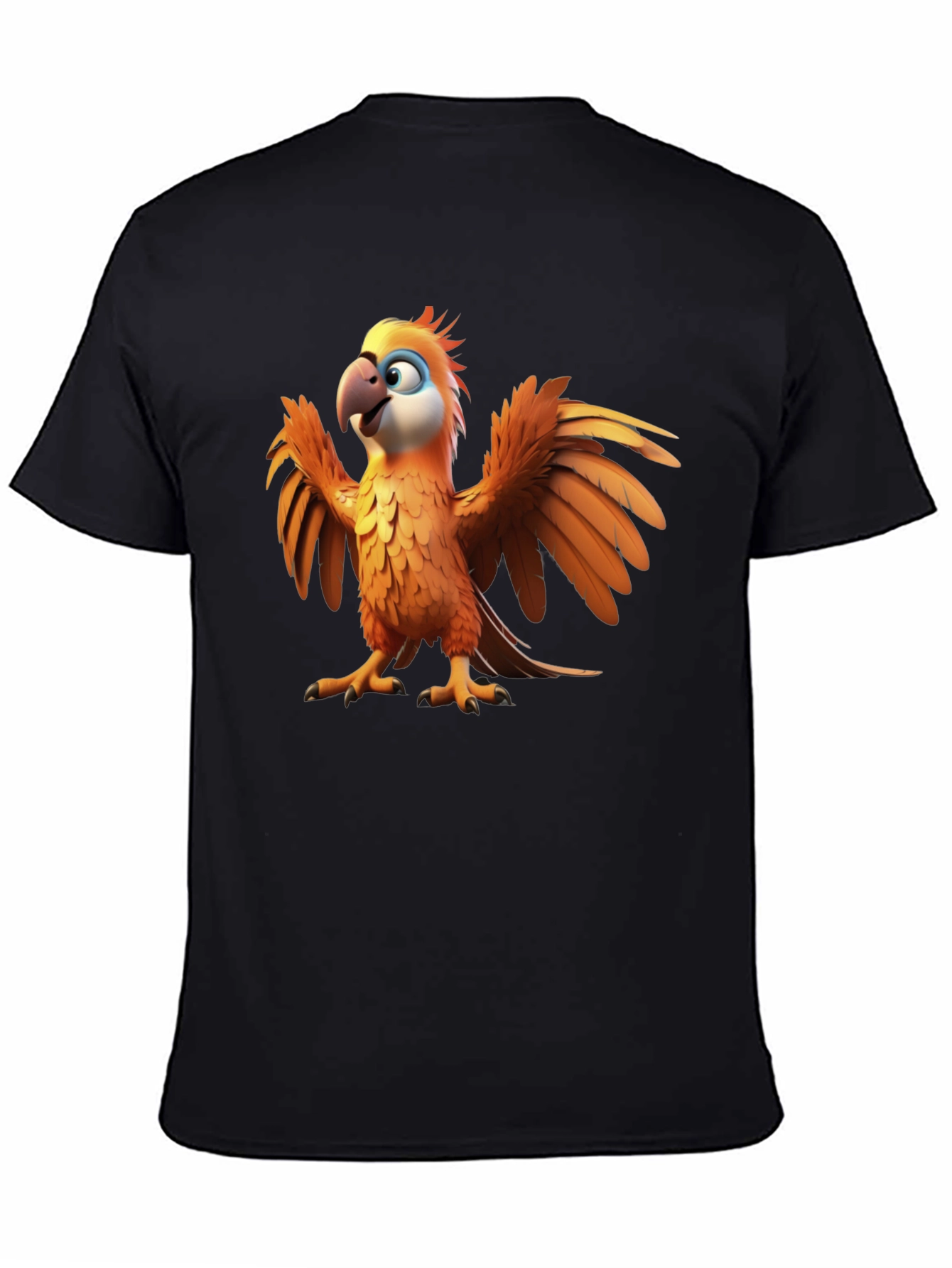 Cartoon Parrot Graphic Tee - Black Cotton T-Shirt