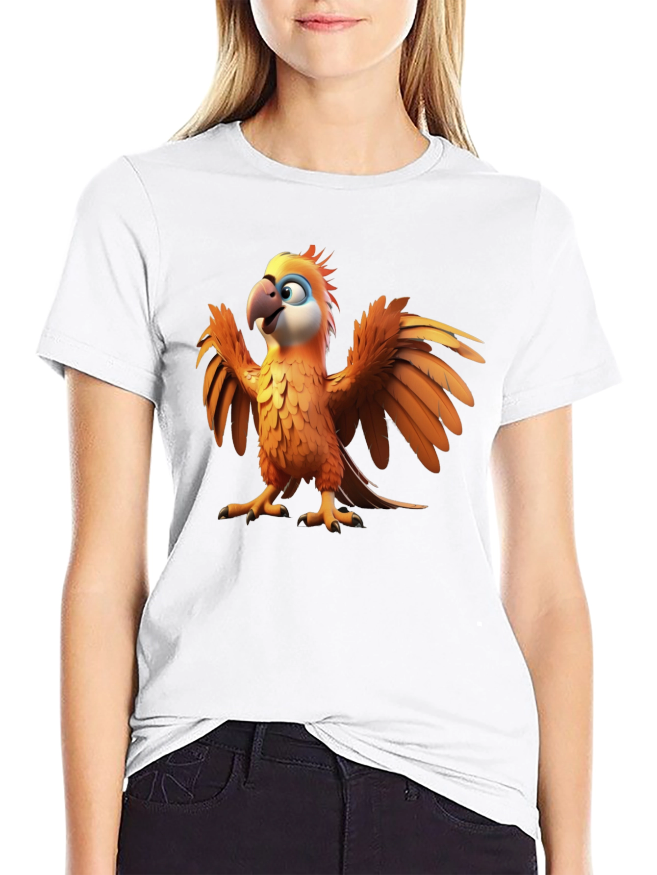 Cartoon Parrot Graphic Tee - Black Cotton T-Shirt