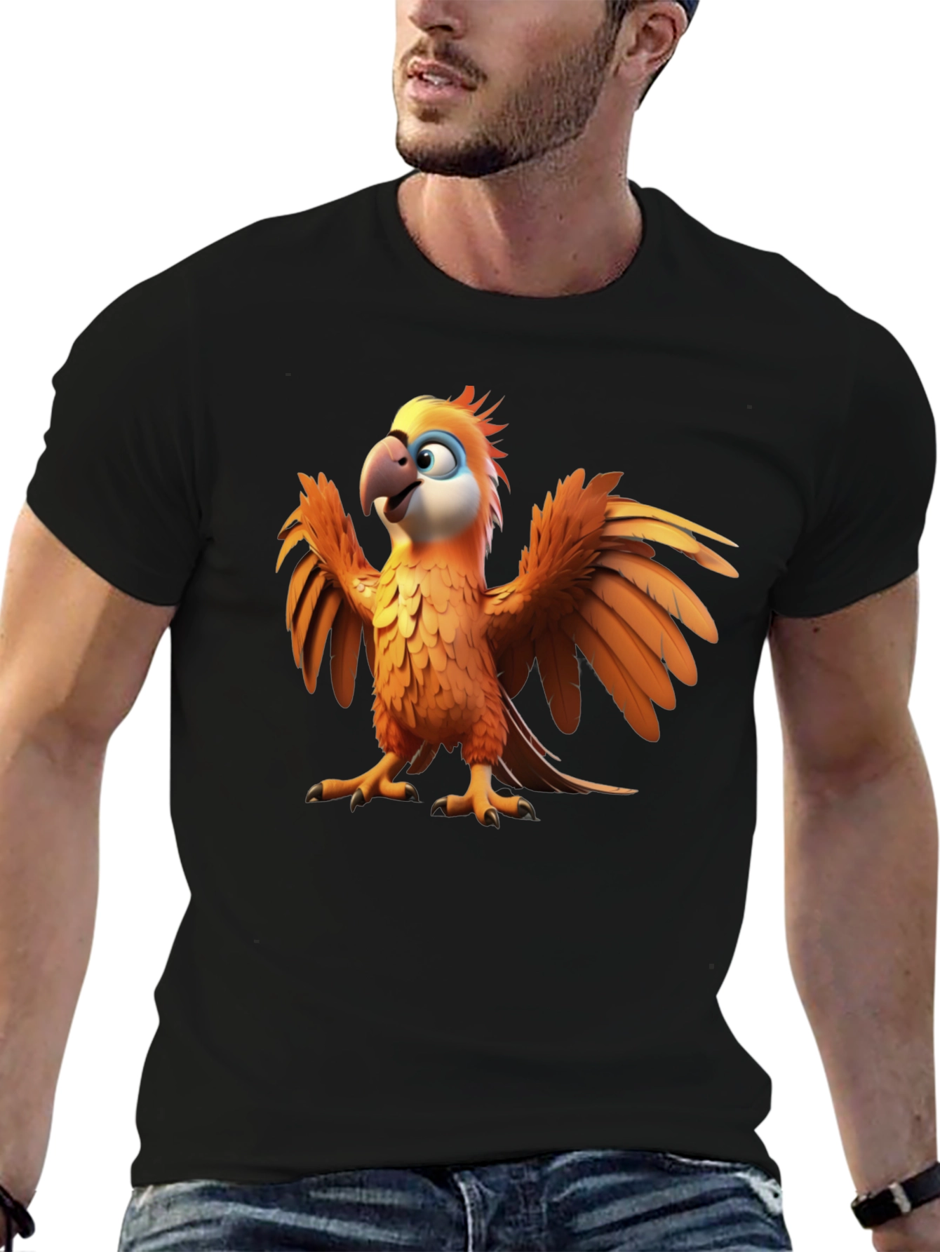 Cartoon Parrot Graphic Tee - Black Cotton T-Shirt