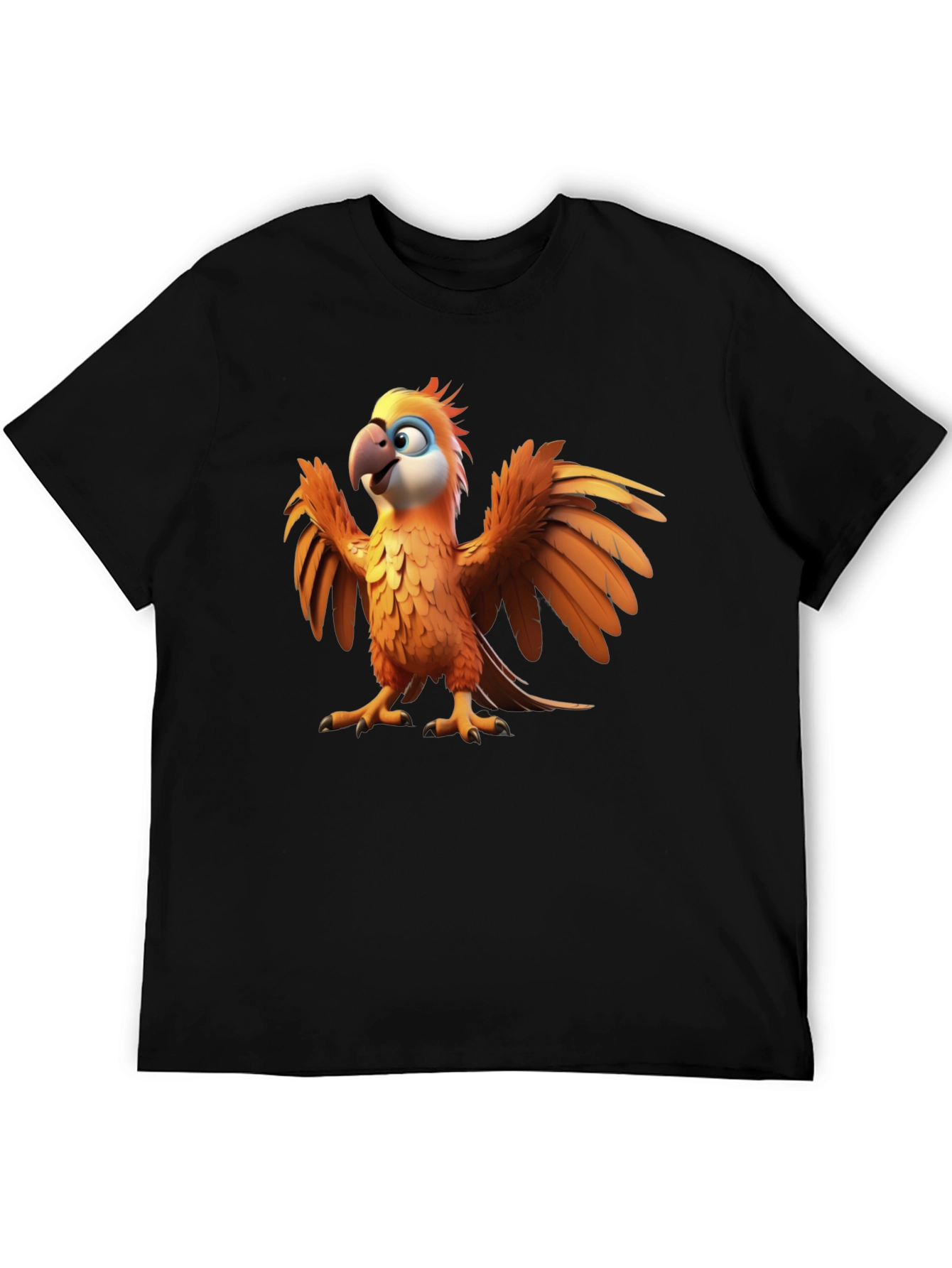 Cartoon Parrot Graphic Tee - Black Cotton T-Shirt