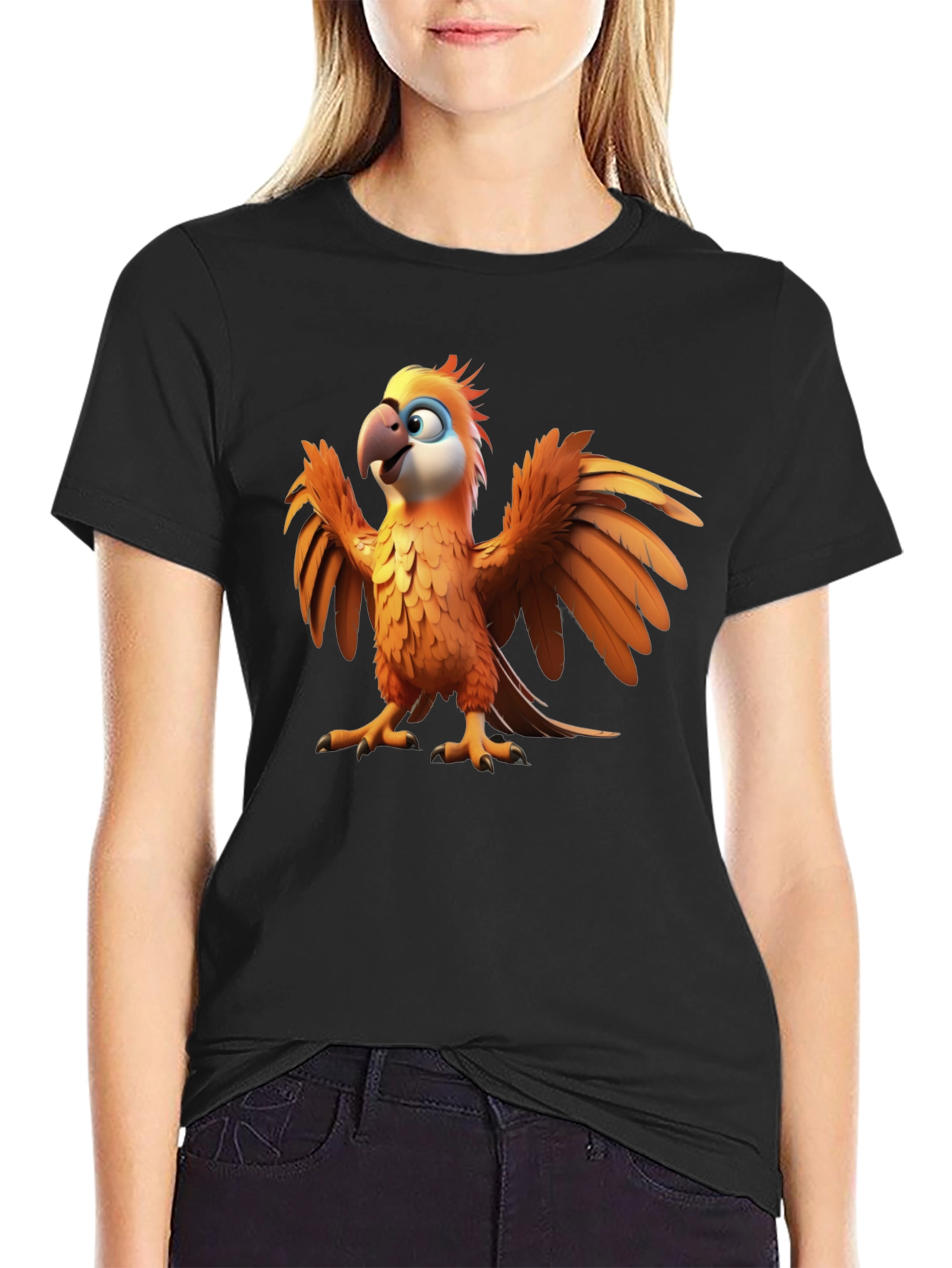 Cartoon Parrot Graphic Tee - Black Cotton T-Shirt