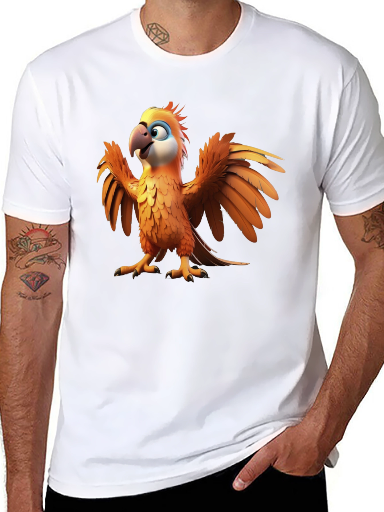 Cartoon Parrot Graphic Tee - Black Cotton T-Shirt