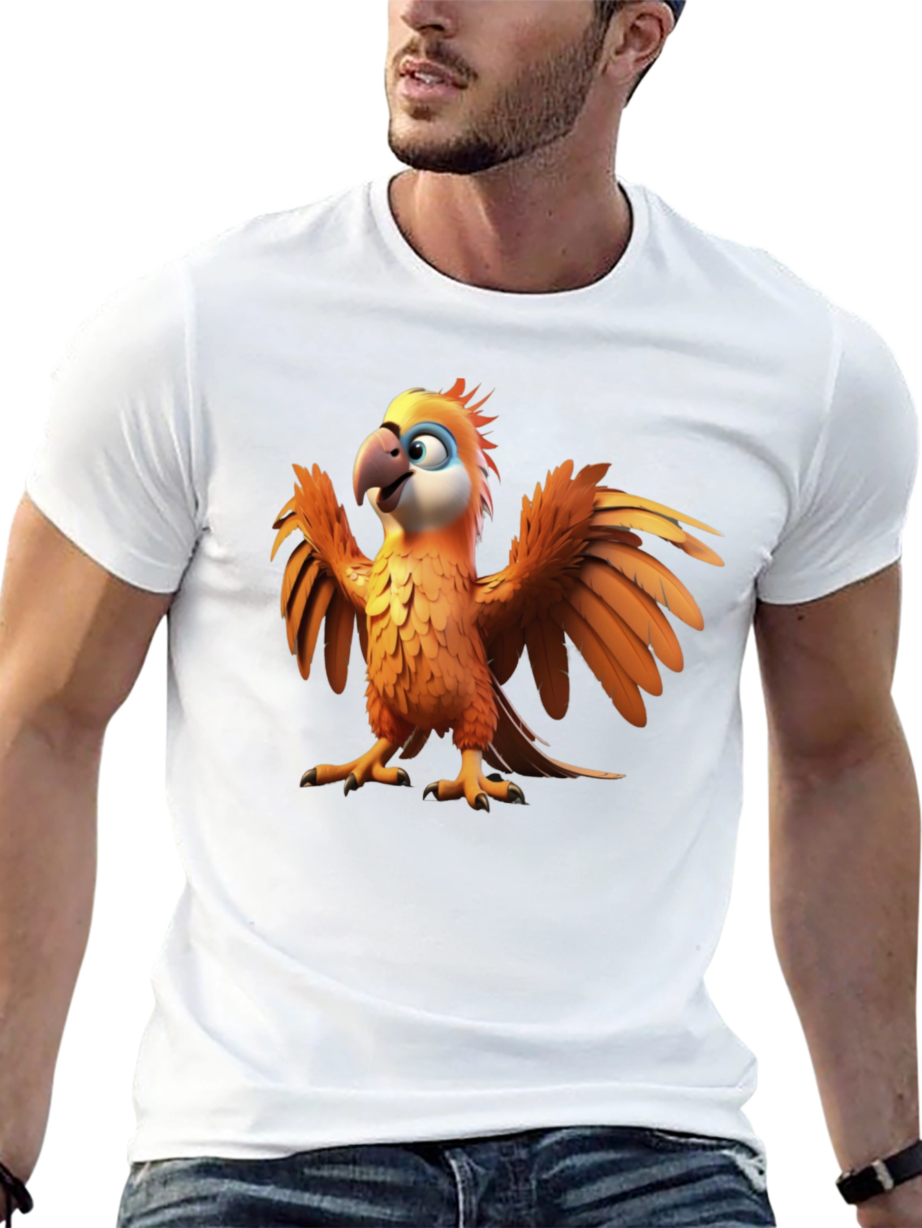 Cartoon Parrot Graphic Tee - Black Cotton T-Shirt