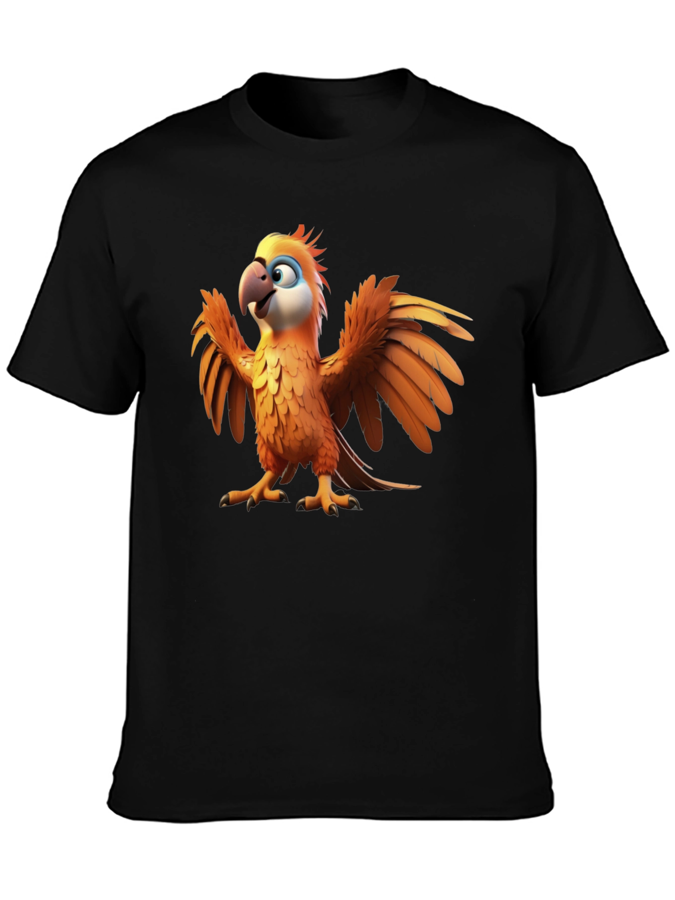 Cartoon Parrot Graphic Tee - Black Cotton T-Shirt
