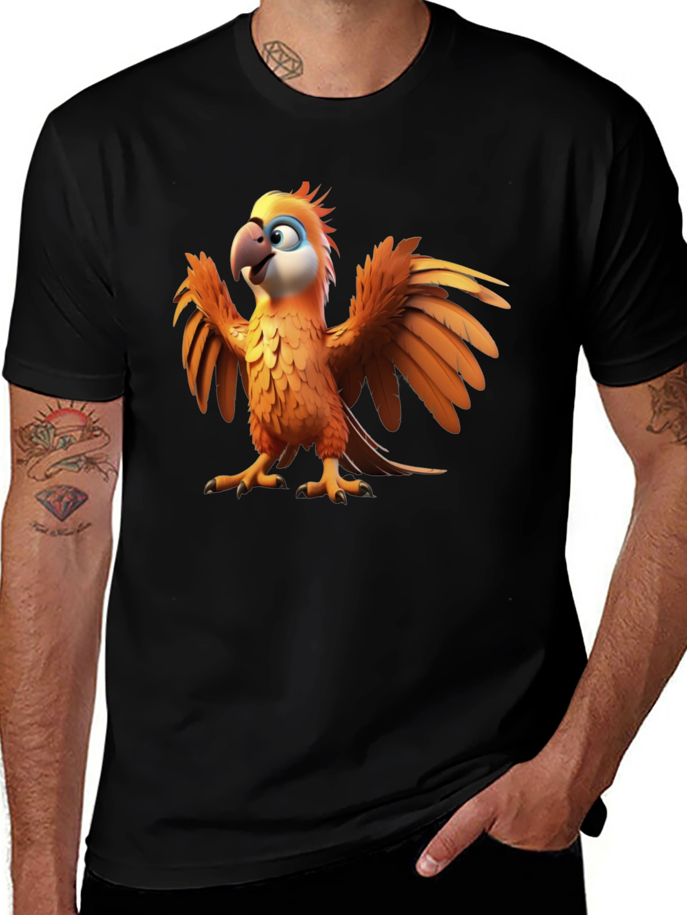 Cartoon Parrot Graphic Tee - Black Cotton T-Shirt