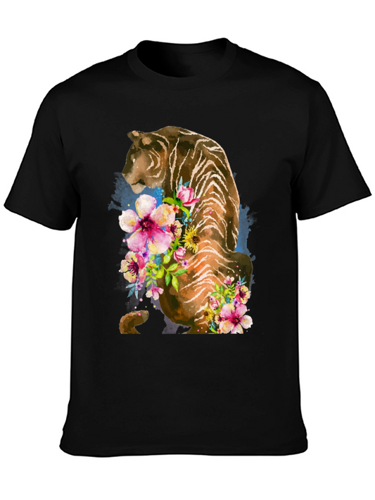 Floral Tiger Graphic Tee - Stylish Black T-Shirt