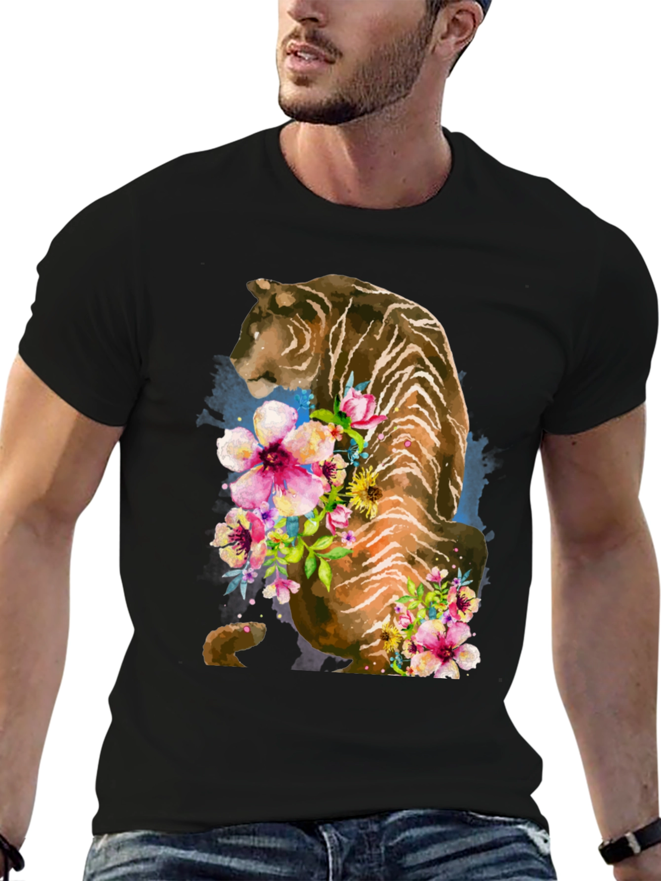 Floral Tiger Graphic Tee - Stylish Black T-Shirt