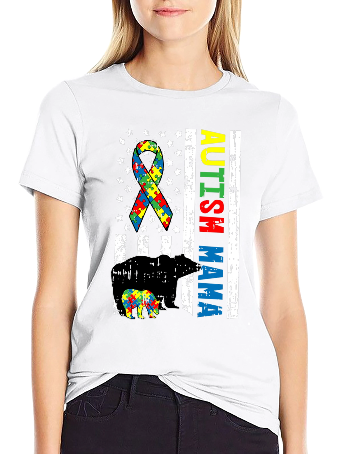 Autism Mama Bear T-Shirt Puzzle Ribbon Tee