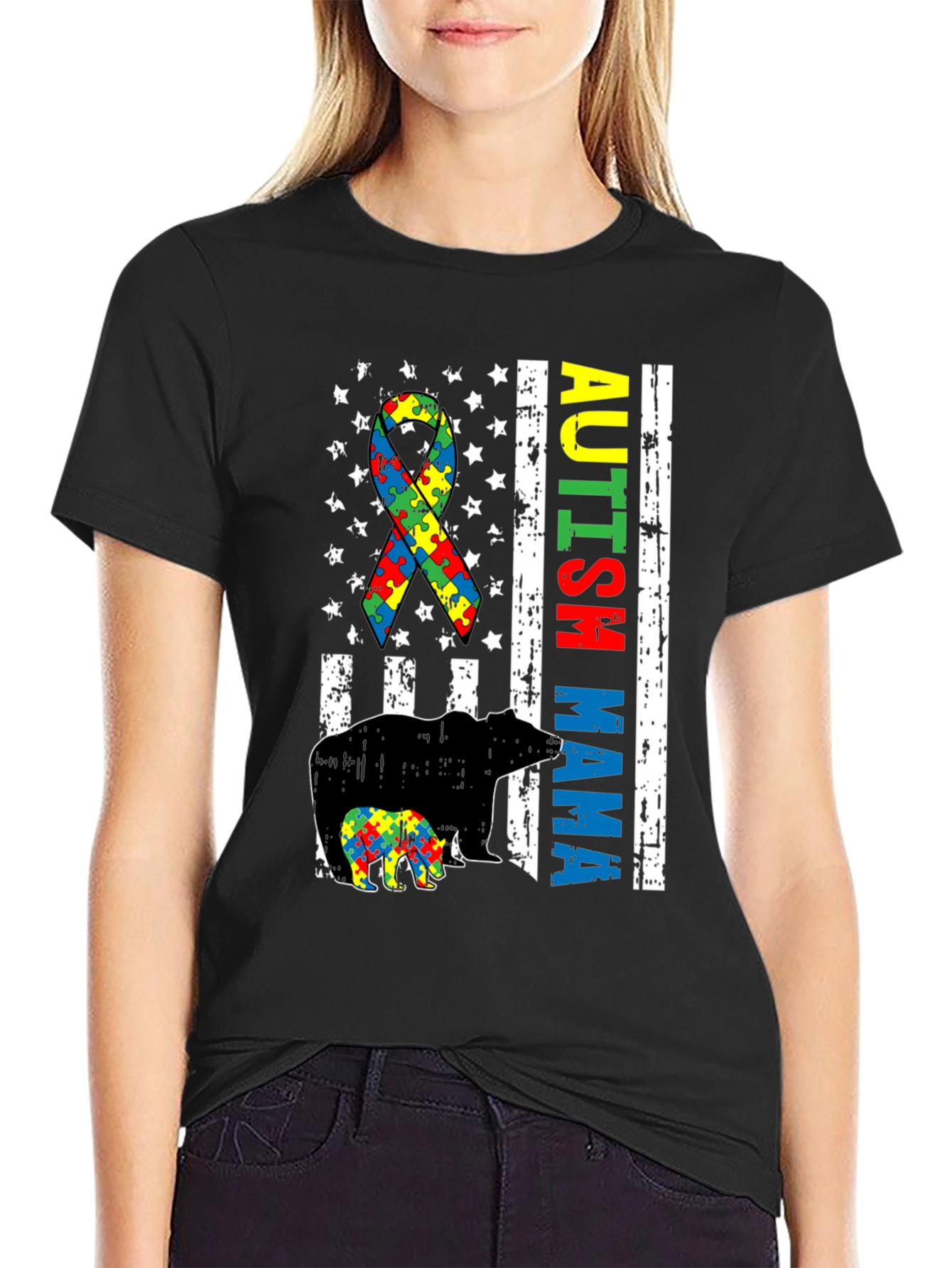 Autism Mama Bear T-Shirt Puzzle Ribbon Tee