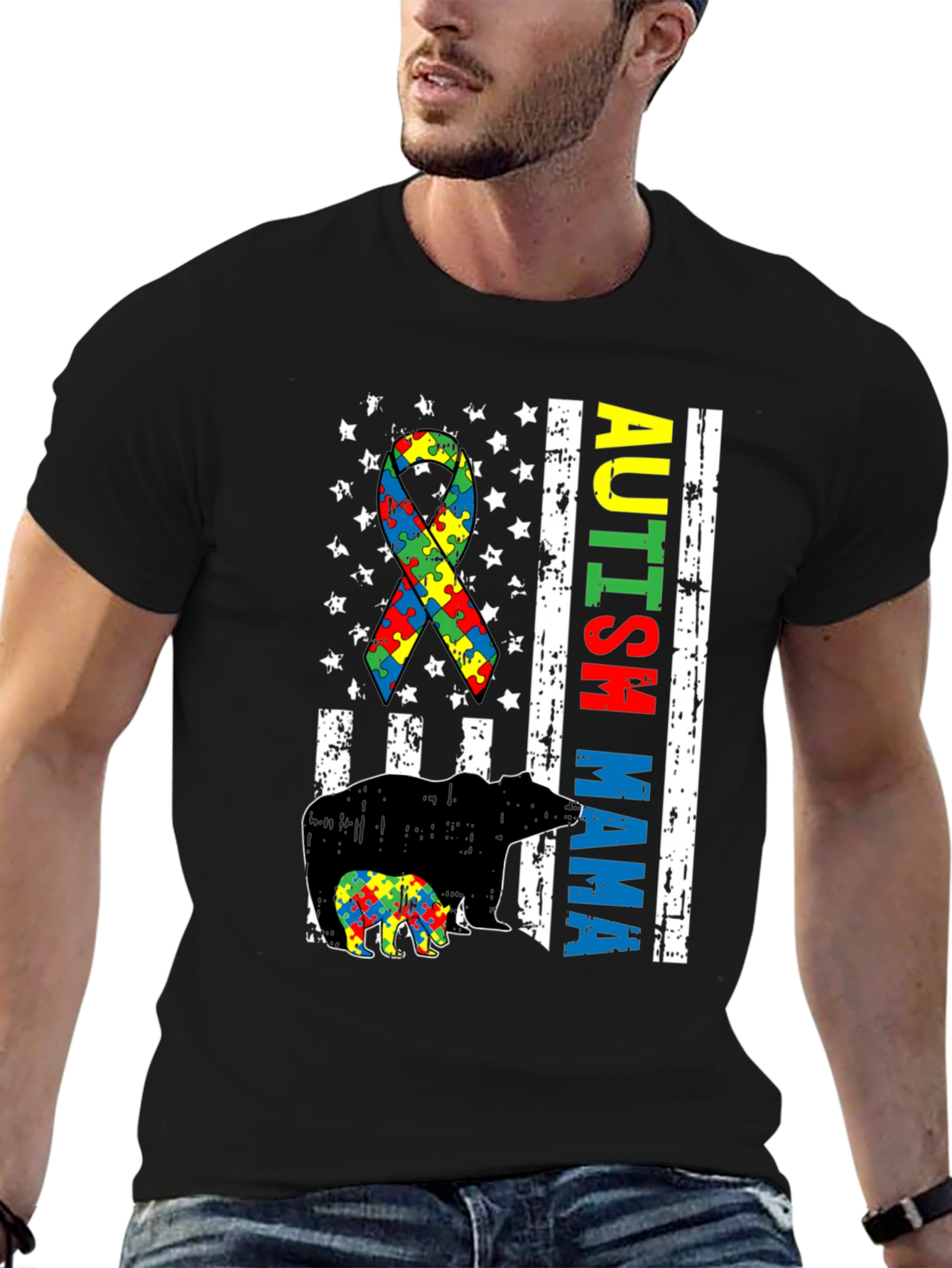 Autism Mama Bear T-Shirt Puzzle Ribbon Tee