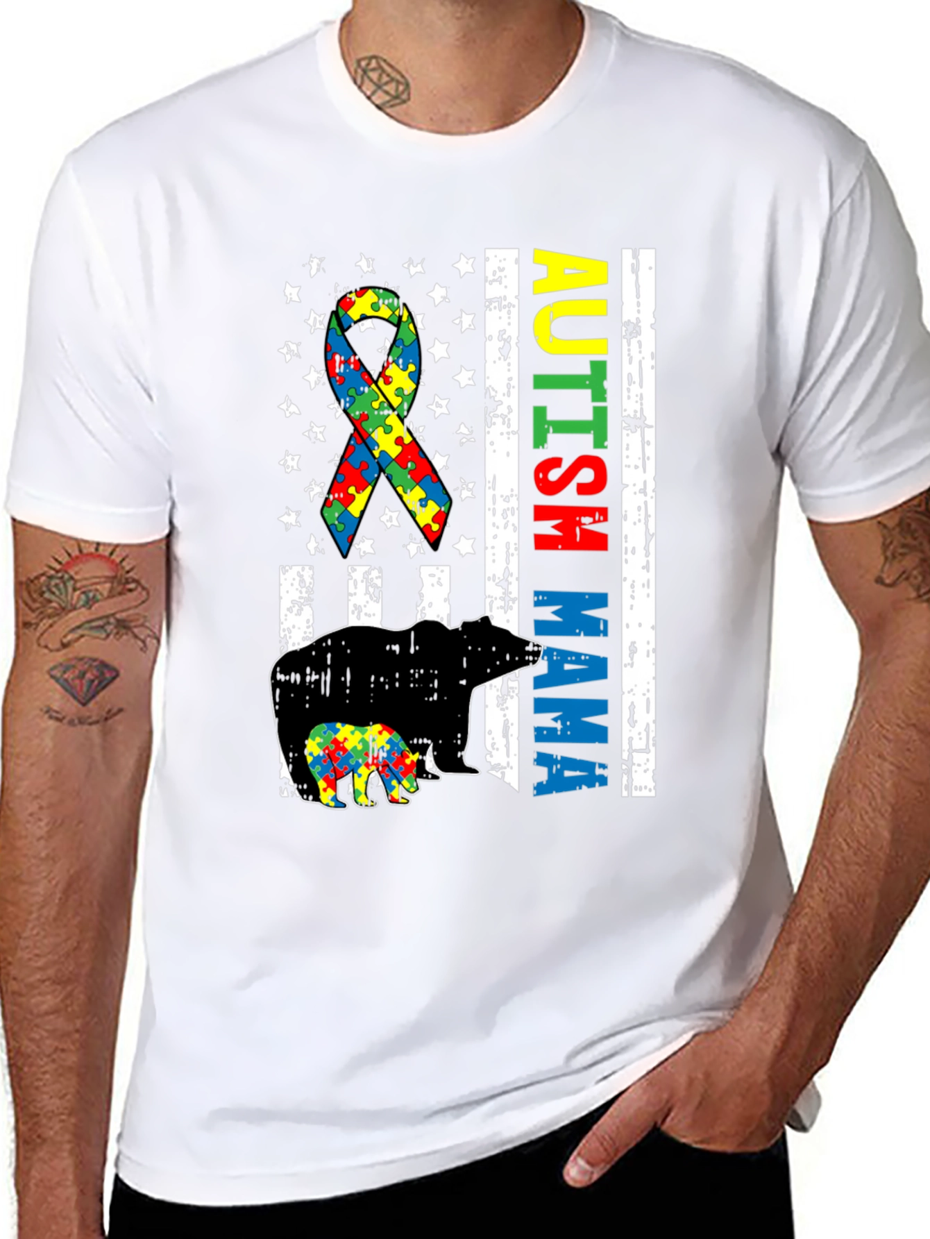 Autism Mama Bear T-Shirt Puzzle Ribbon Tee