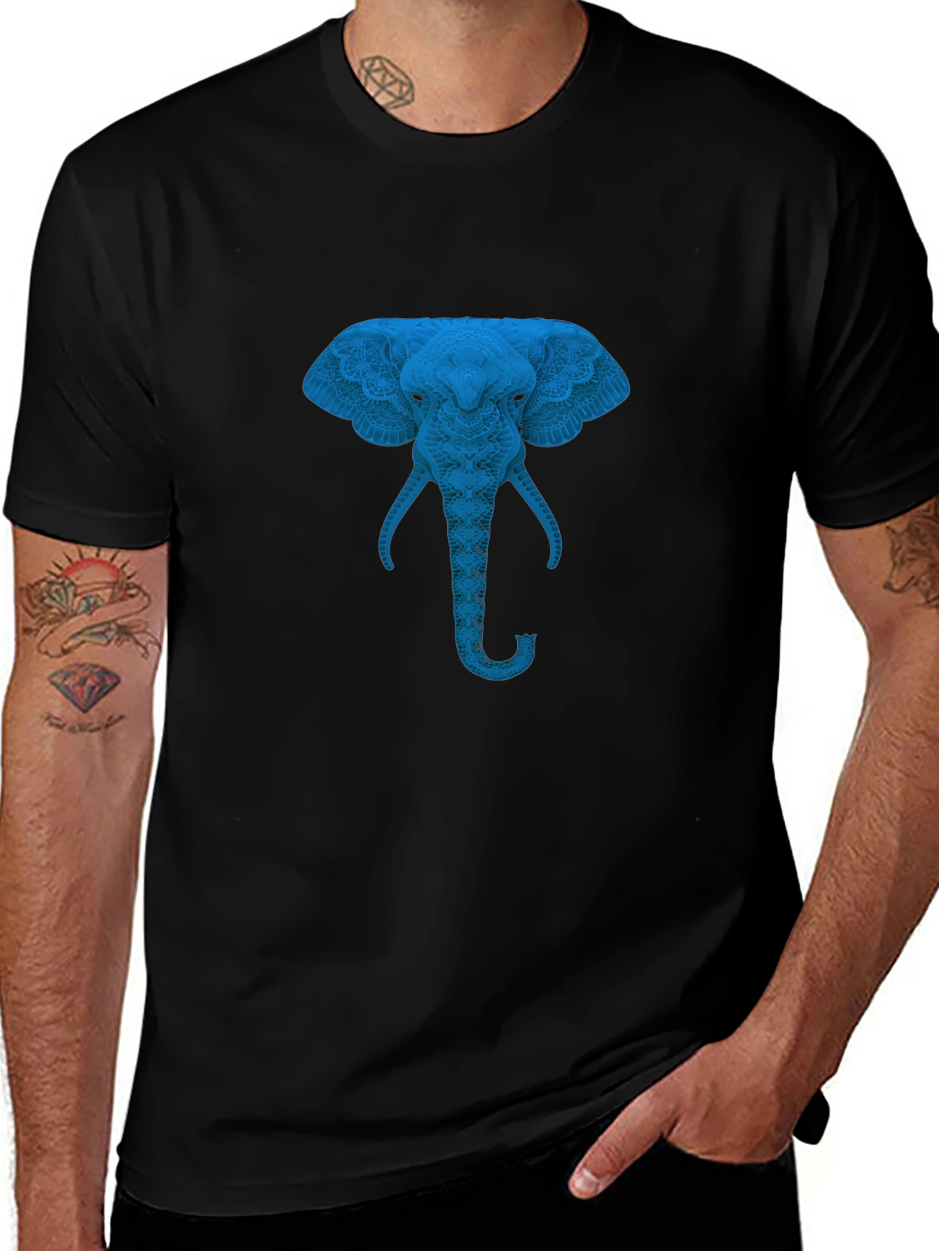 Blue Elephant Graphic Print Black T-Shirt