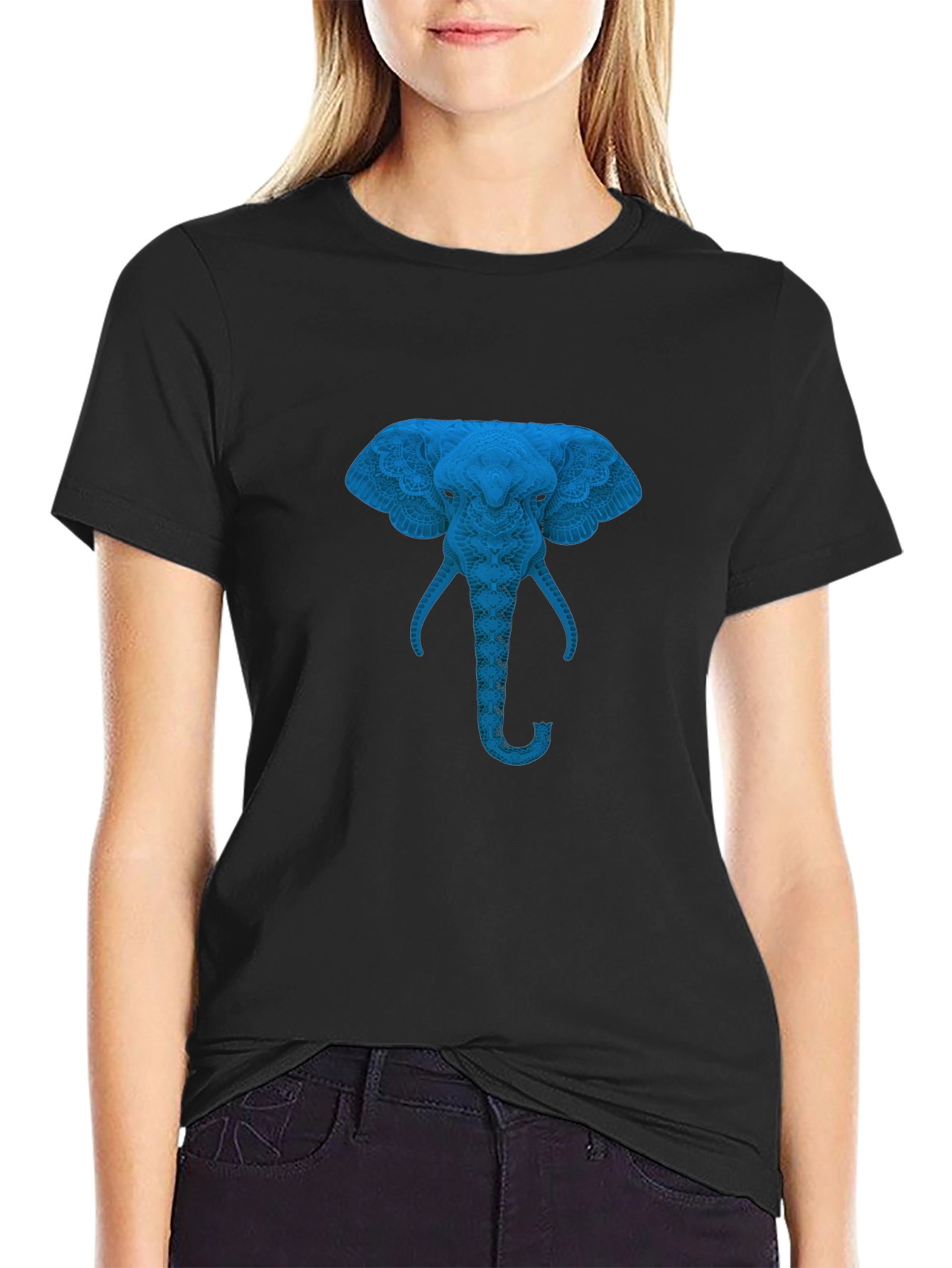 Blue Elephant Graphic Print Black T-Shirt