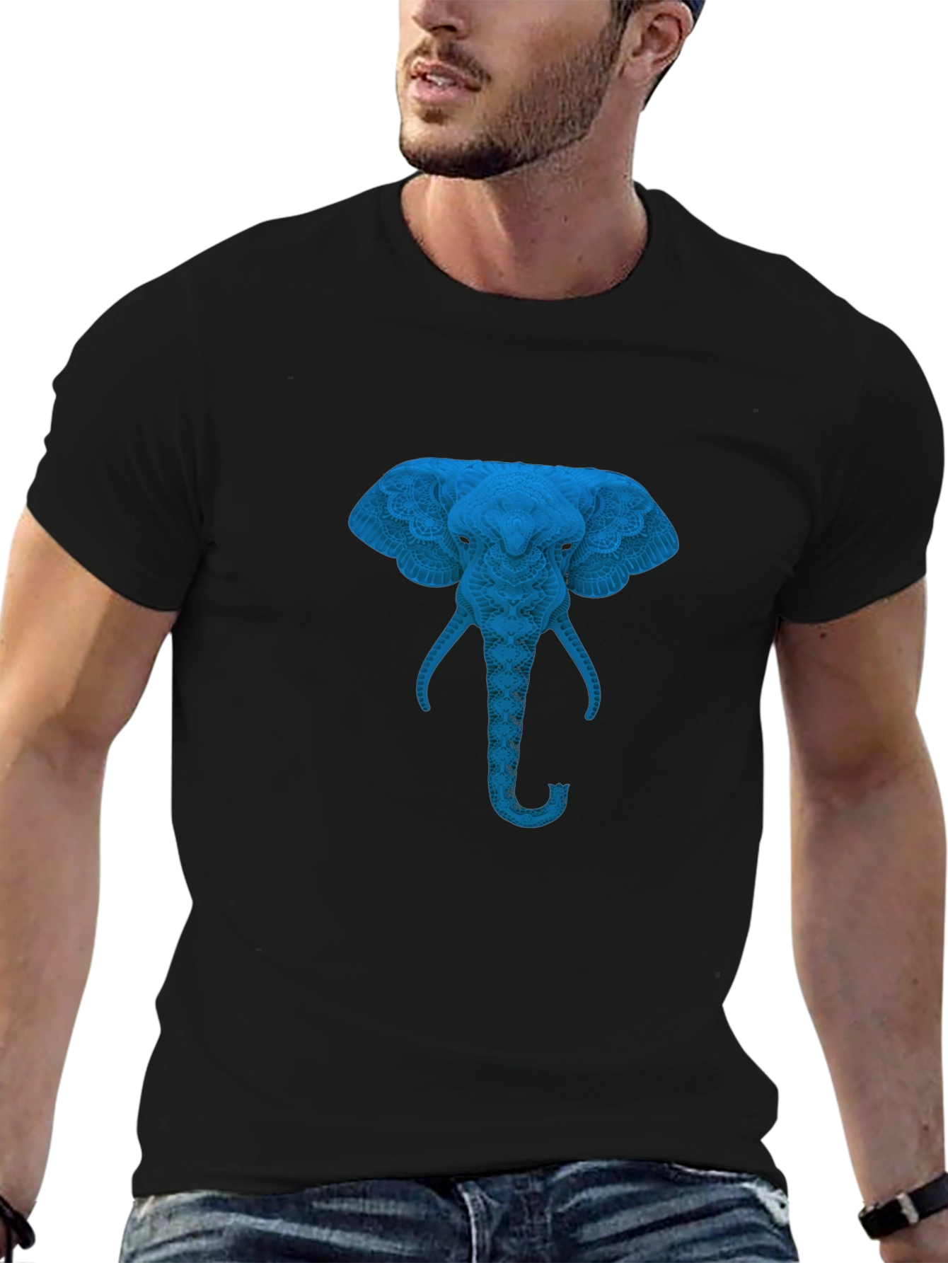 Blue Elephant Graphic Print Black T-Shirt