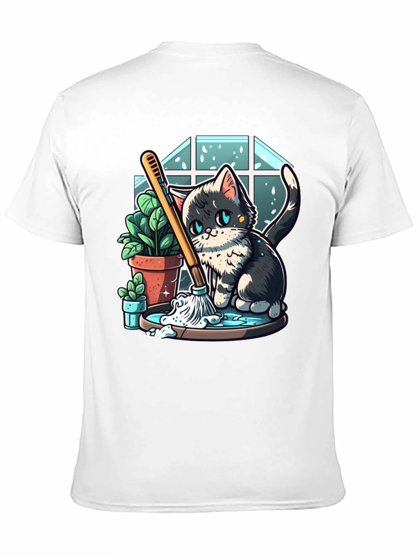 Cute Cartoon Cat Cleaning T-Shirt