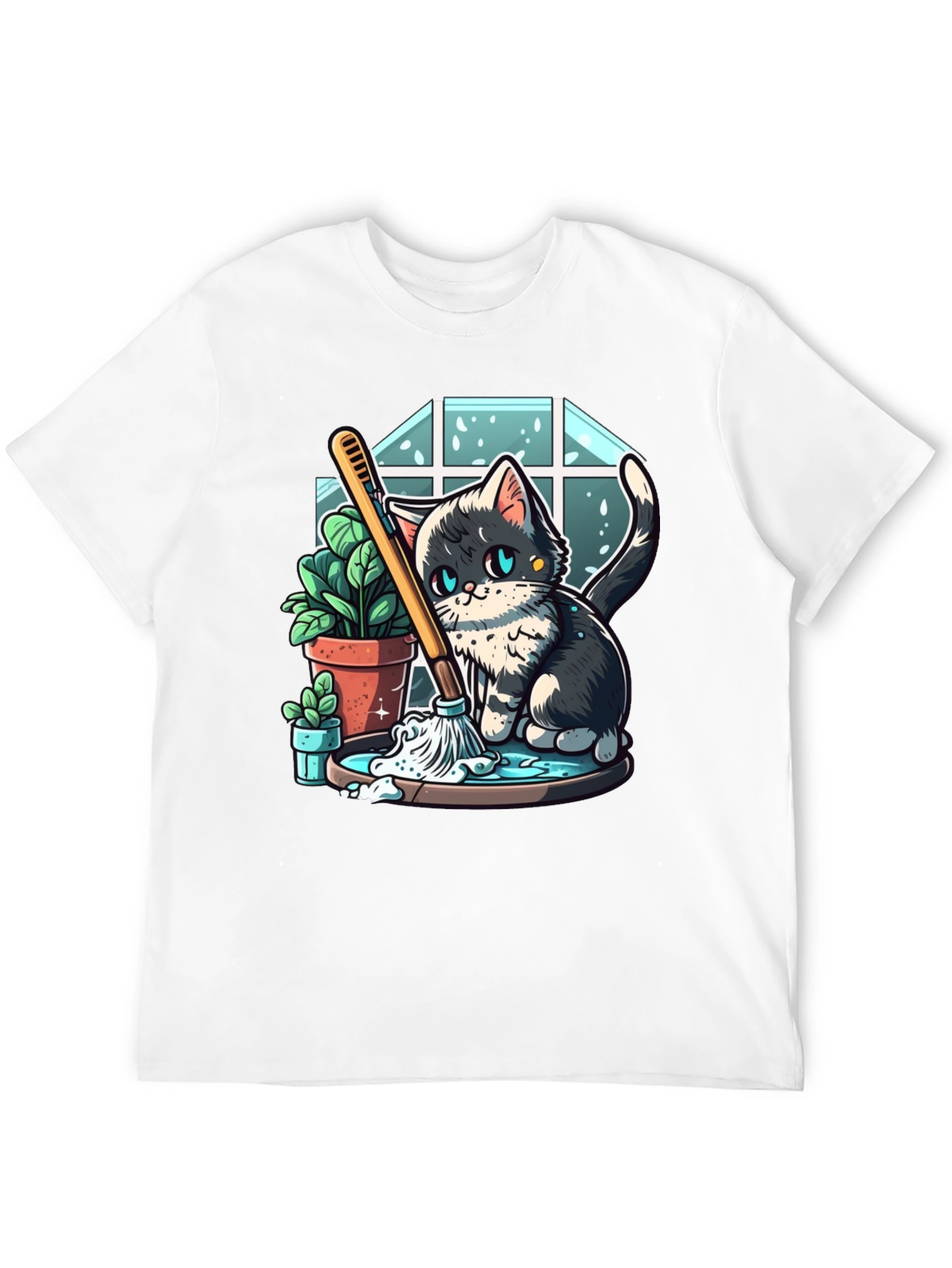 Cute Cartoon Cat Cleaning T-Shirt