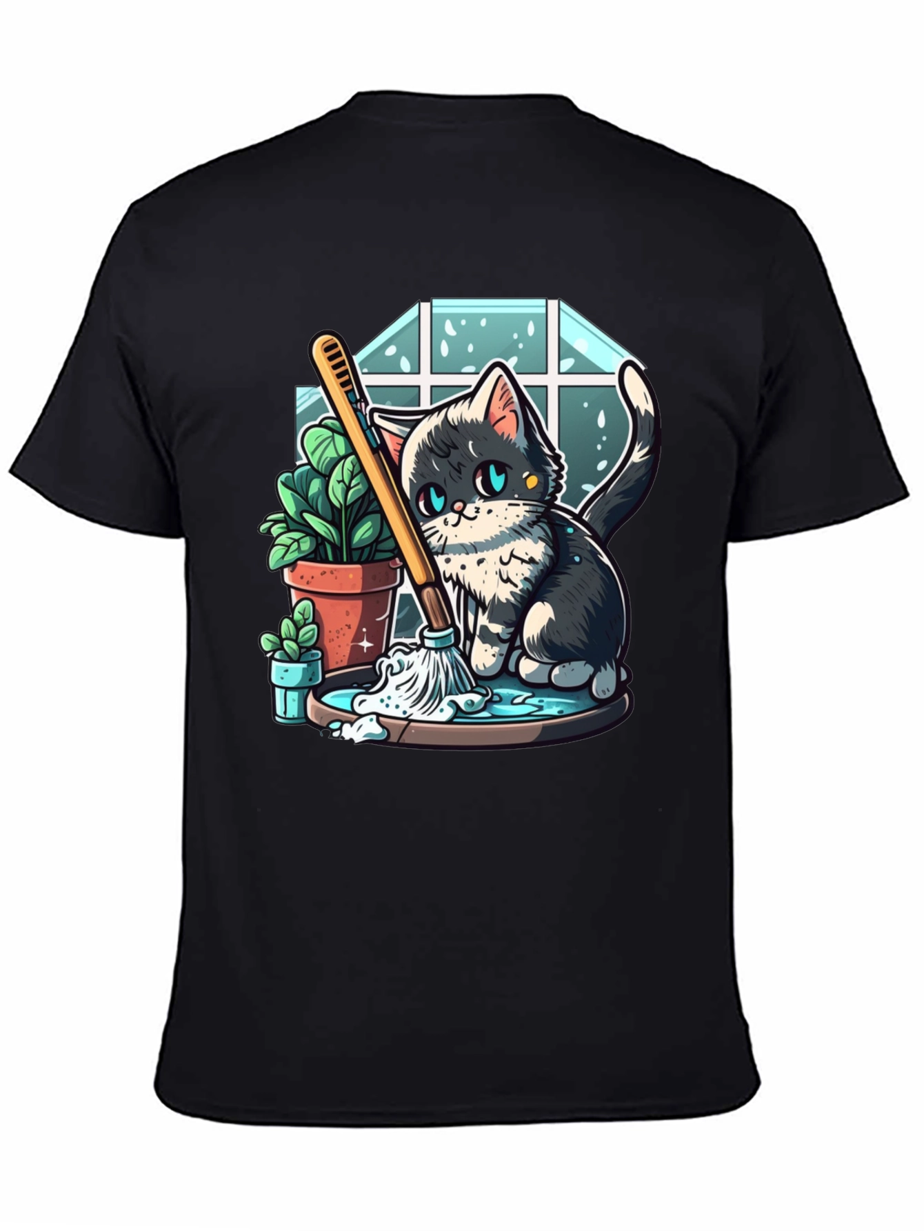 Cute Cartoon Cat Cleaning T-Shirt