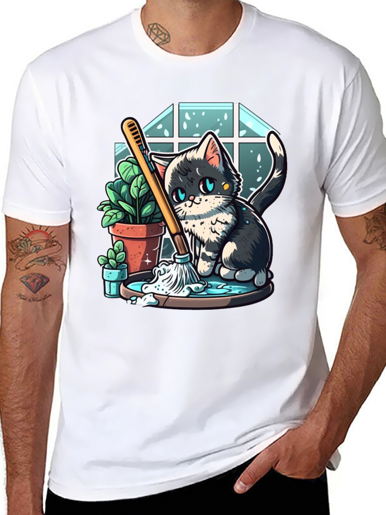Cute Cartoon Cat Cleaning T-Shirt