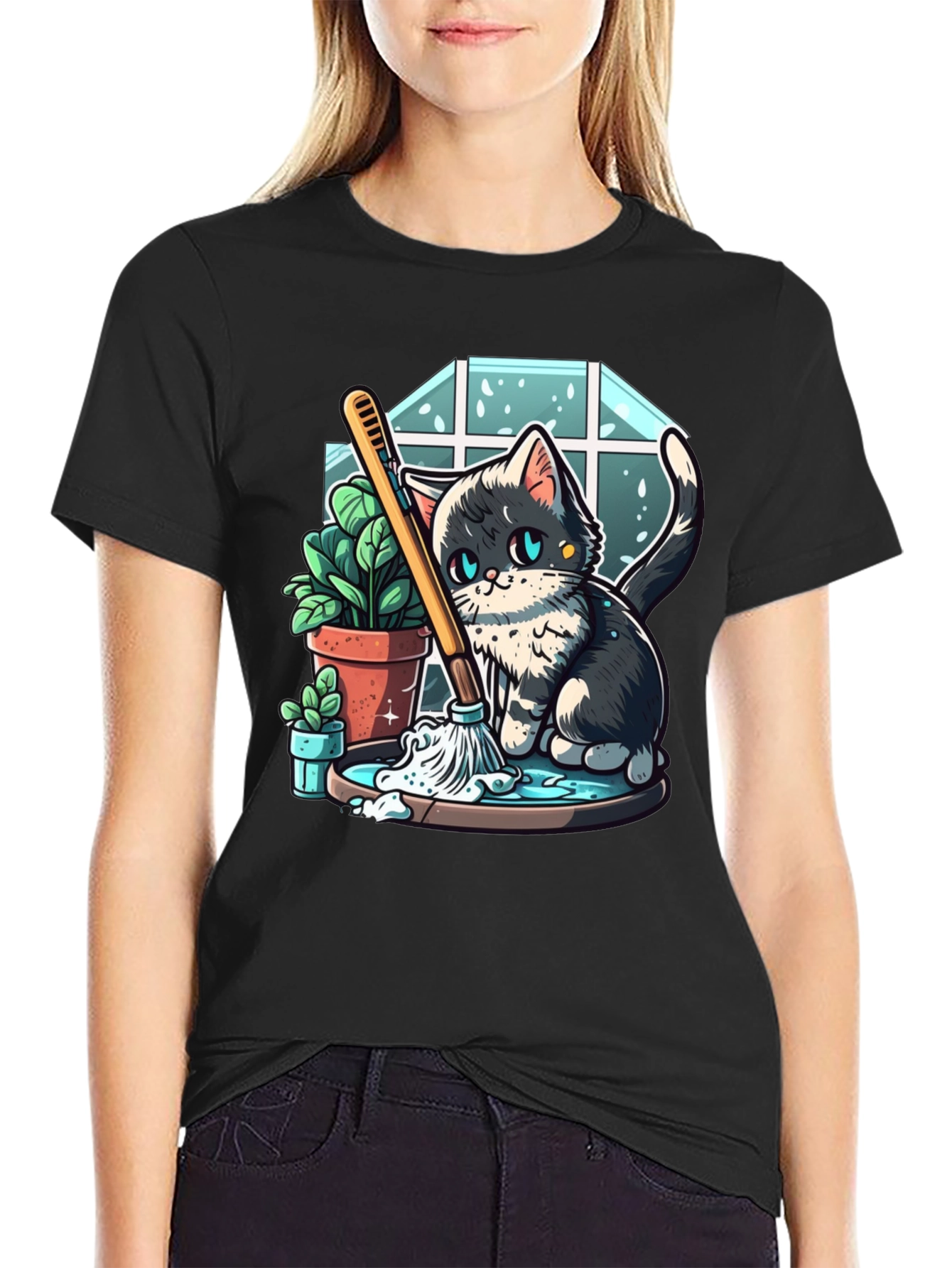 Cute Cartoon Cat Cleaning T-Shirt