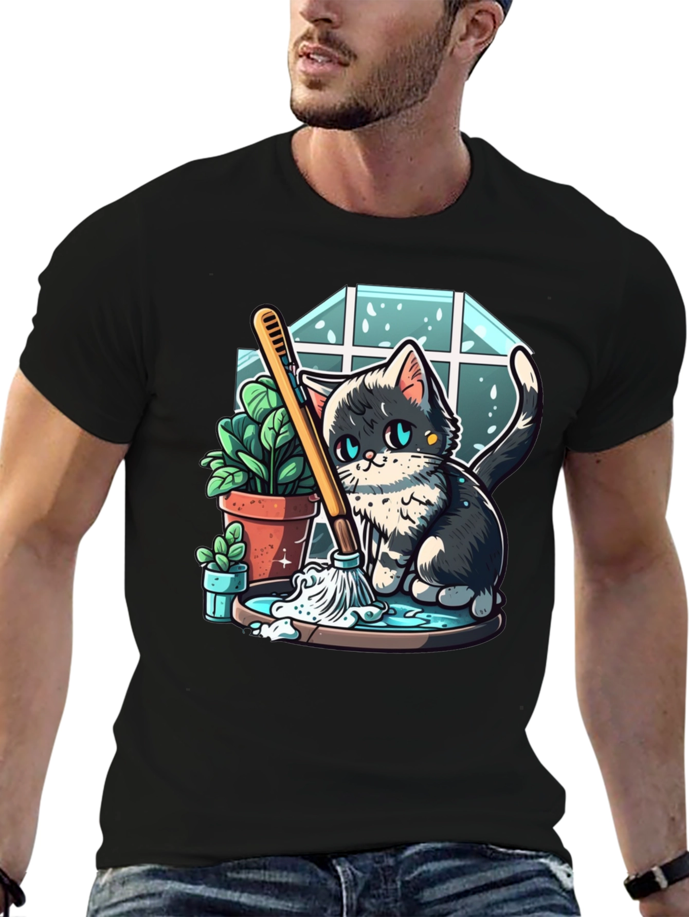Cute Cartoon Cat Cleaning T-Shirt