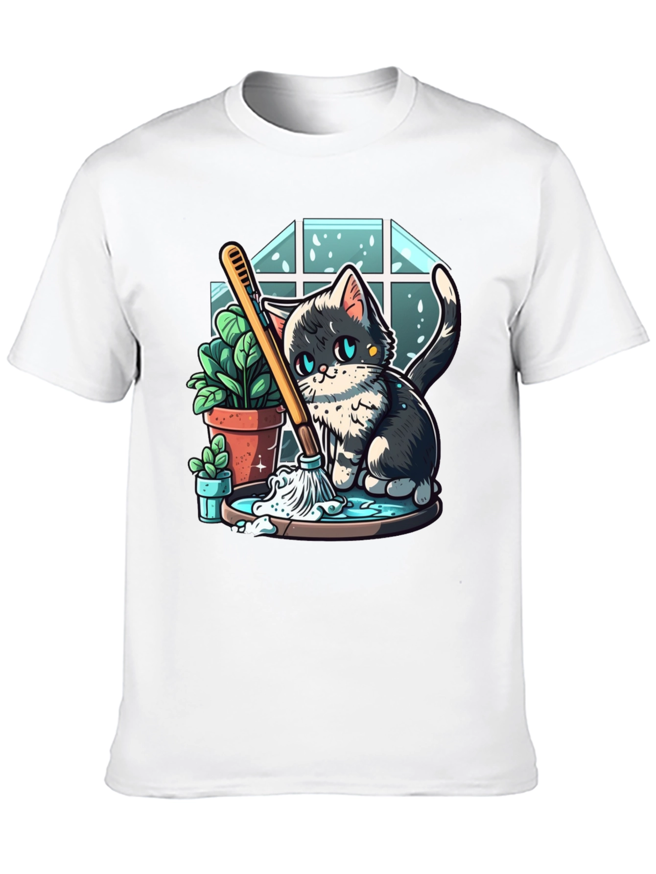 Cute Cartoon Cat Cleaning T-Shirt