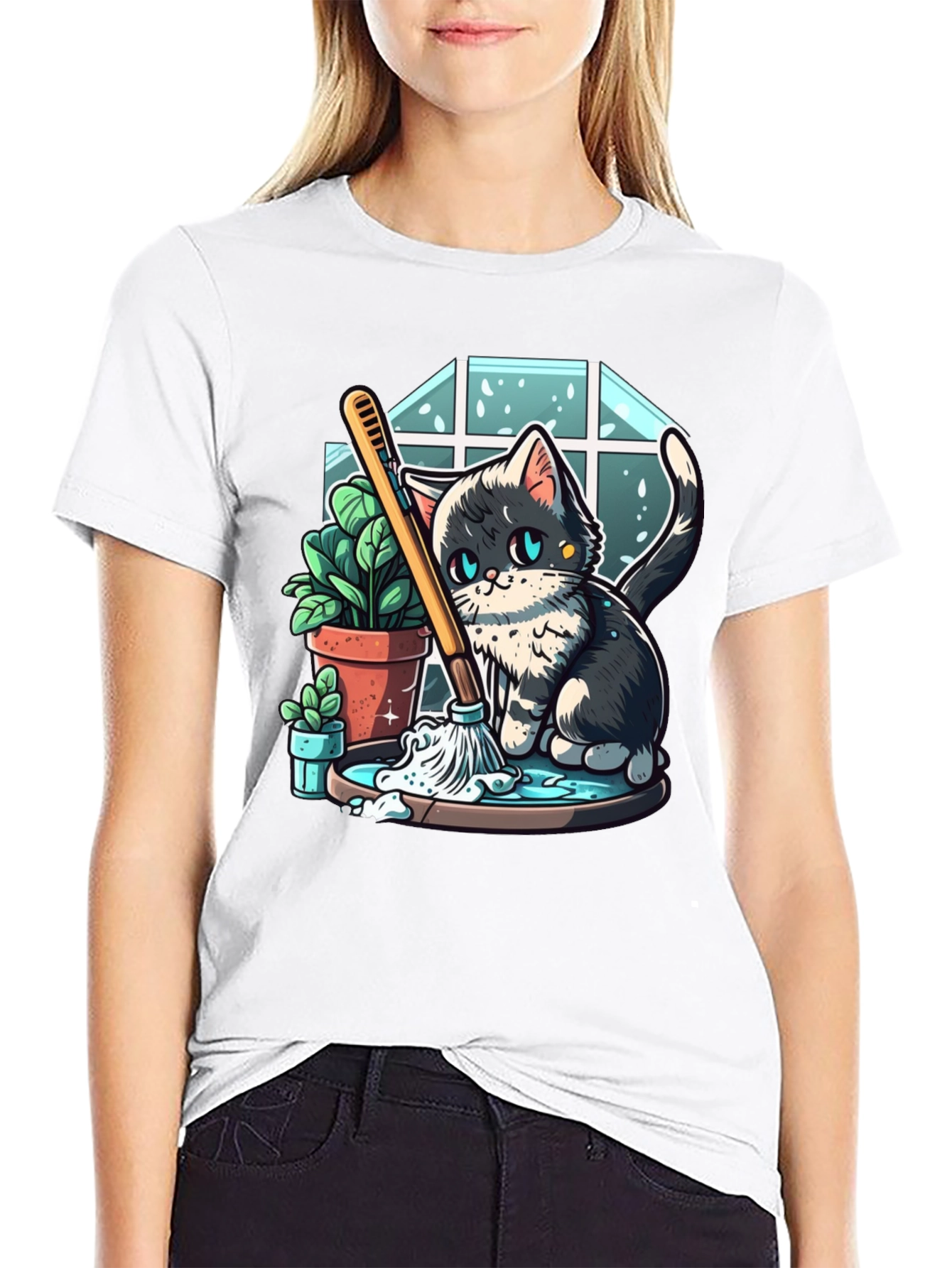 Cute Cartoon Cat Cleaning T-Shirt