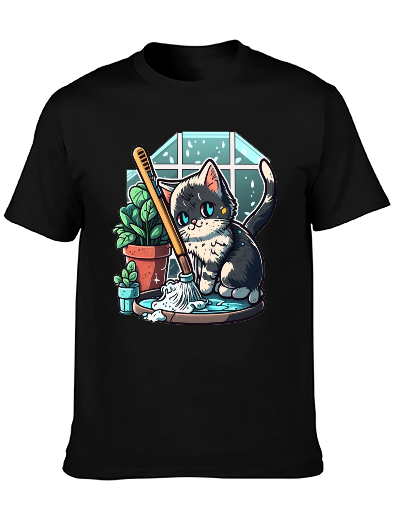 Cute Cartoon Cat Cleaning T-Shirt