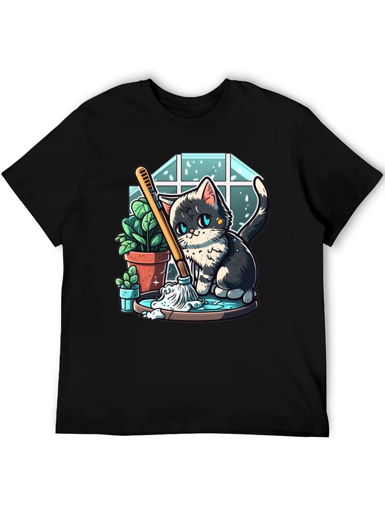 Cute Cartoon Cat Cleaning T-Shirt